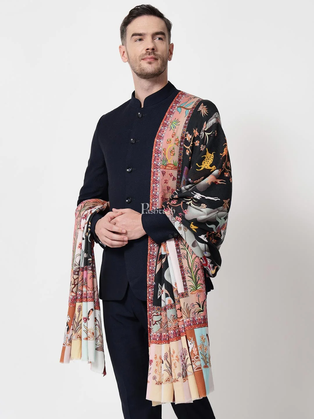 Pashtush mens 100% Pure Wool with Woolmark Certificate shawl, Shikaar-Dar design, Multicolour - Image 3