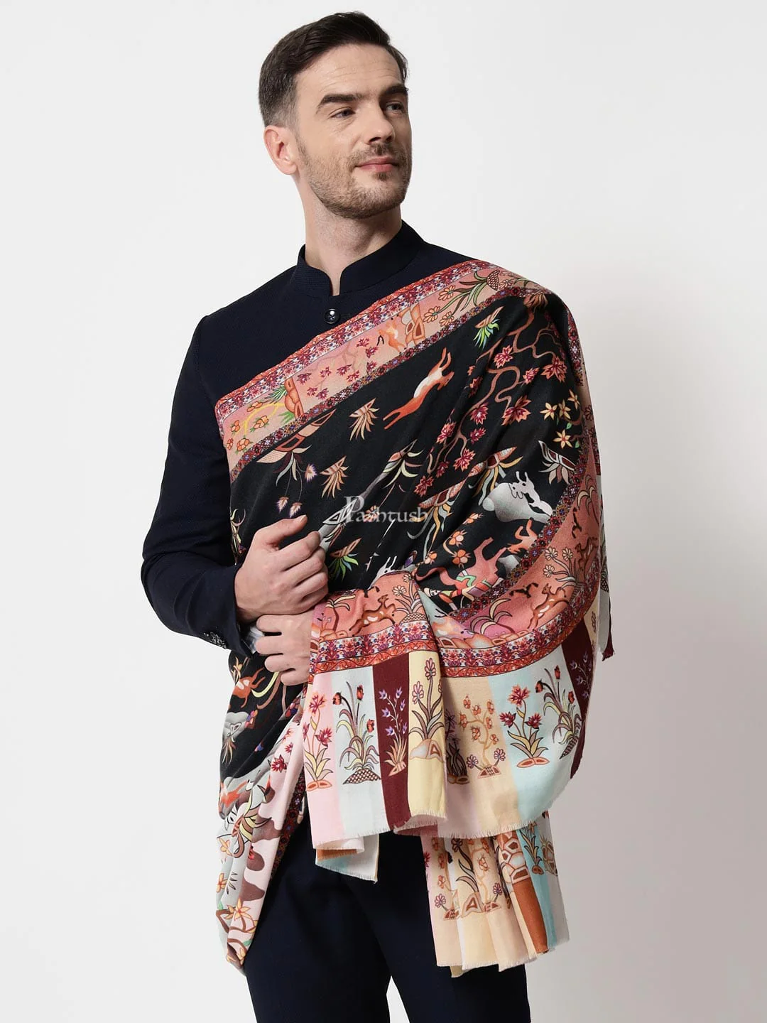 Pashtush mens 100% Pure Wool with Woolmark Certificate shawl, Shikaar-Dar design, Multicolour - Image 4