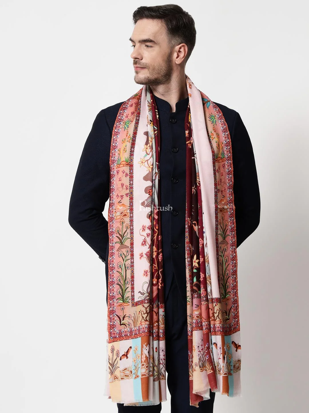 Pashtush mens 100% Pure Wool with Woolmark Certificate shawl, Shikaar-Dar design, Multicolour - Image 5