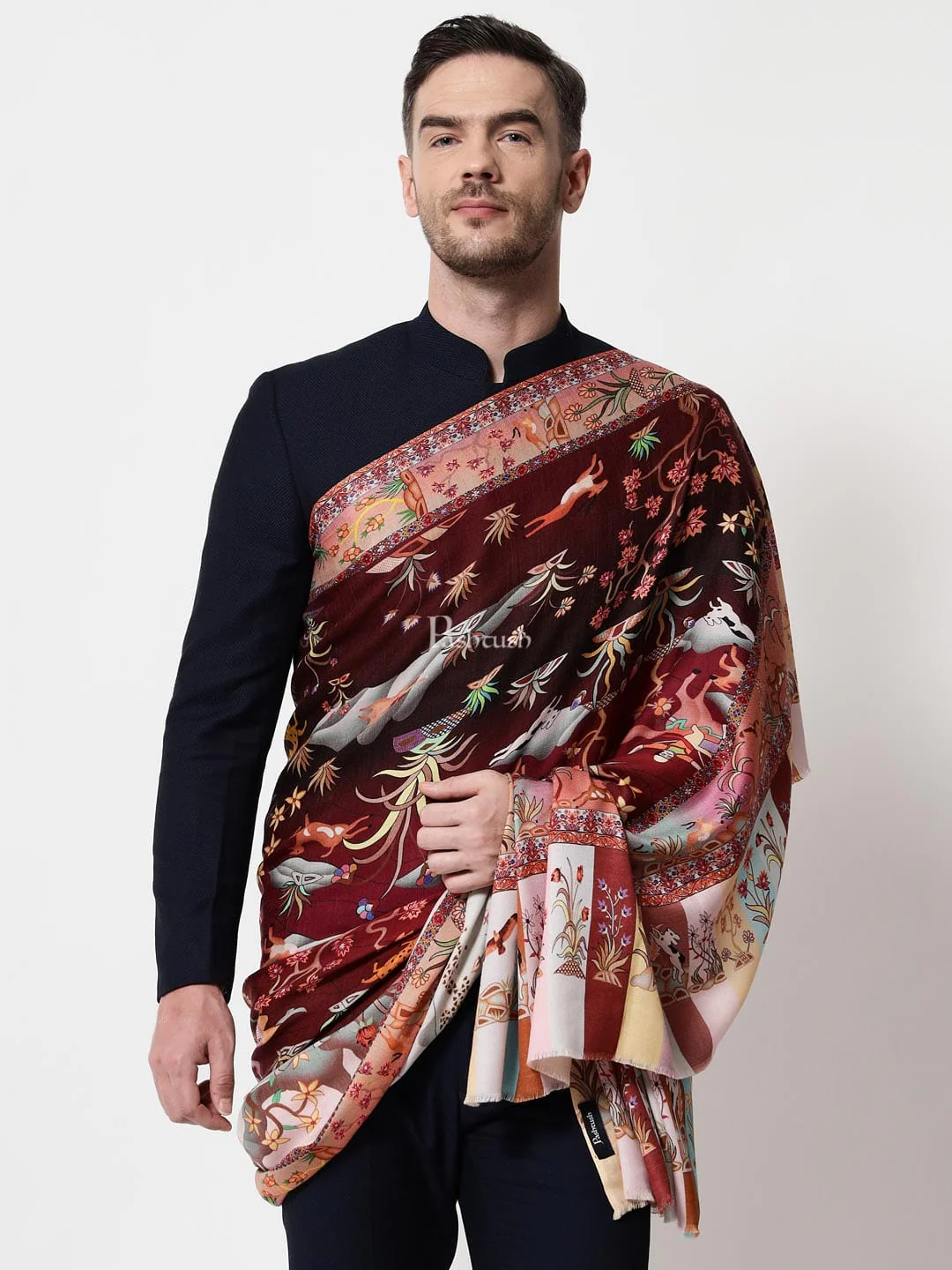 Pashtush mens 100% Pure Wool with Woolmark Certificate shawl, Shikaar-Dar design, Multicolour