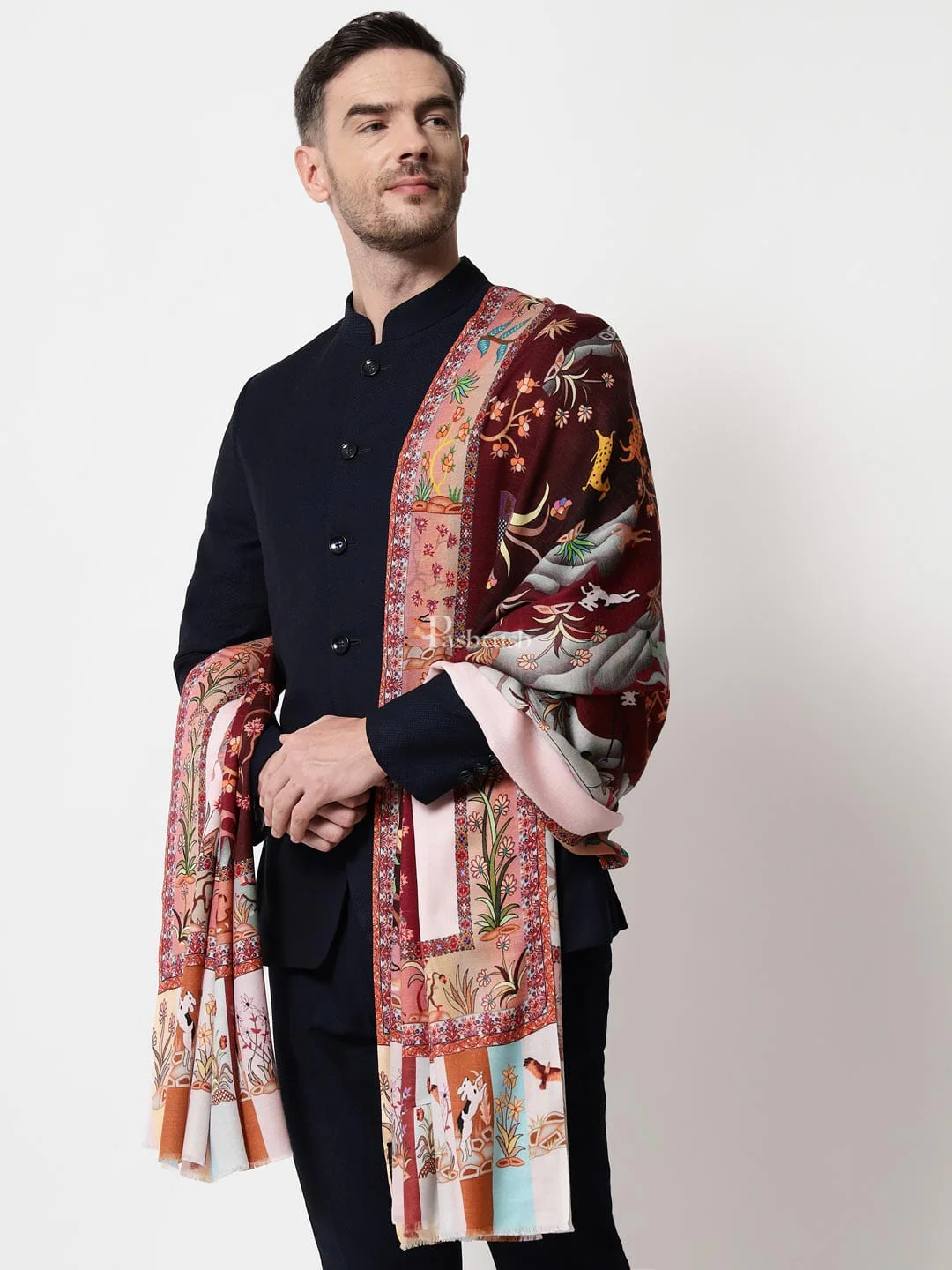 Pashtush mens 100% Pure Wool with Woolmark Certificate shawl, Shikaar-Dar design, Multicolour - Image 3