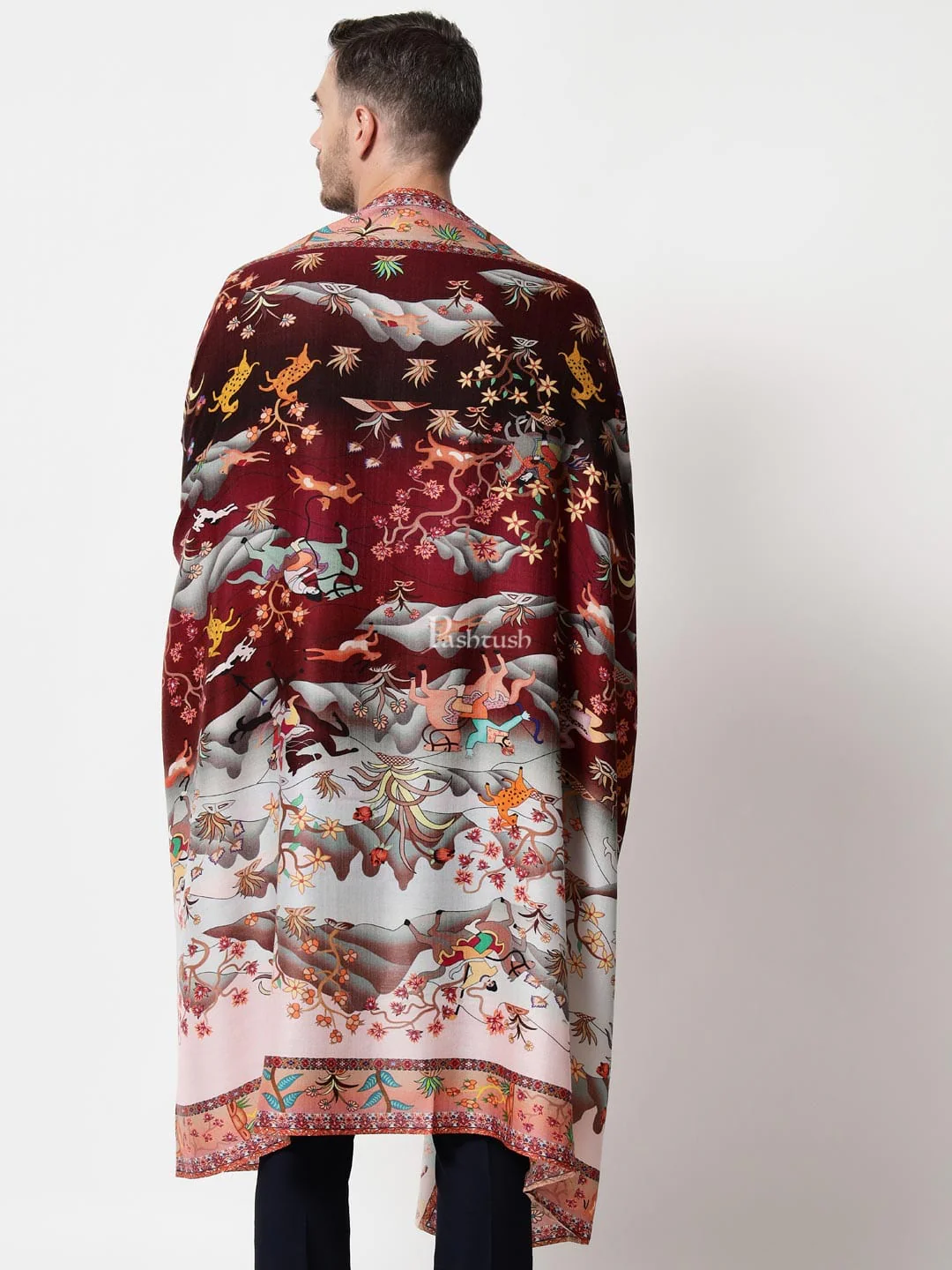 Pashtush mens 100% Pure Wool with Woolmark Certificate shawl, Shikaar-Dar design, Multicolour - Image 4
