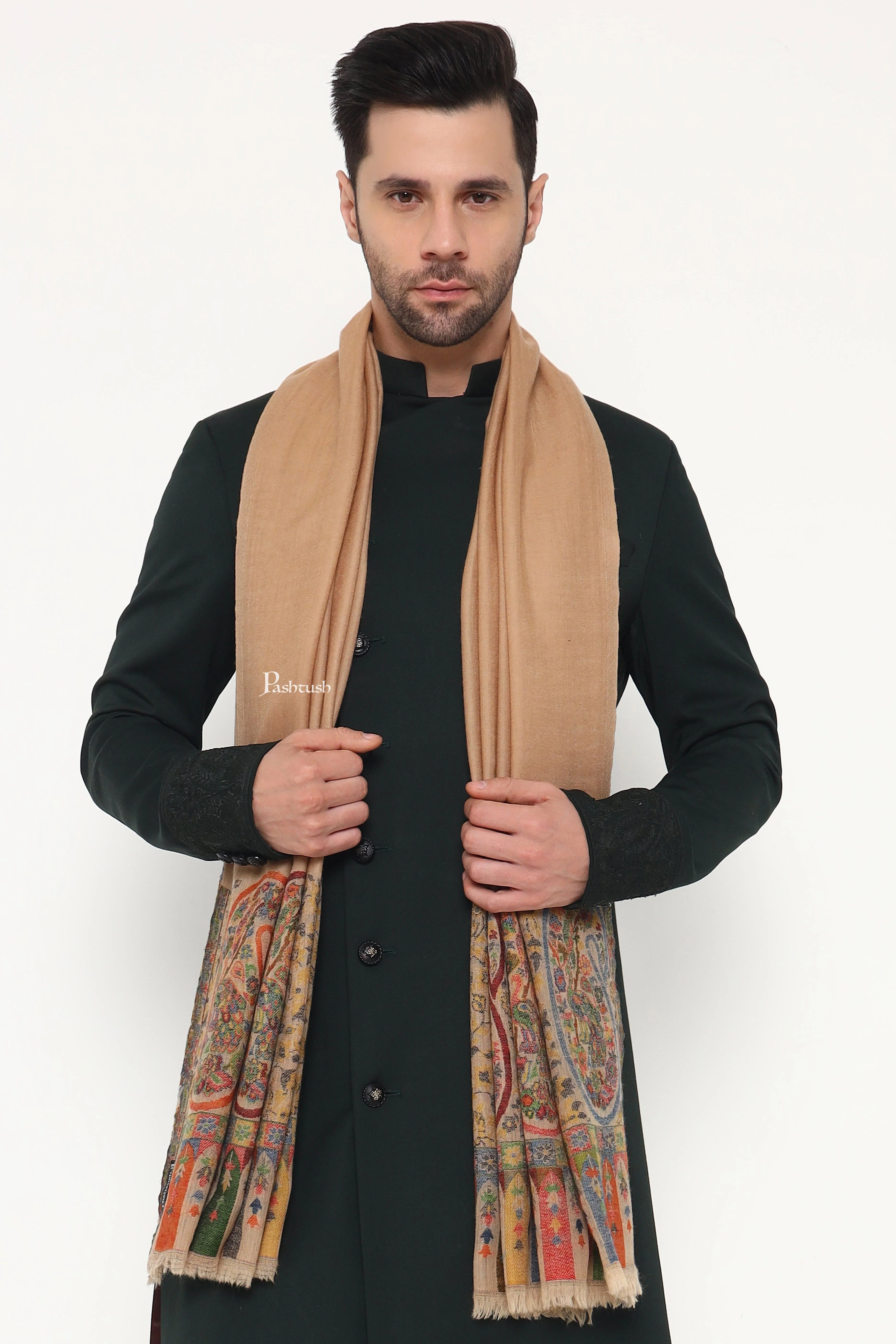 Pashtush Mens 100% Pure Wool With Woolmark Certificate Stole, Ambi Design, Beige - Image 5