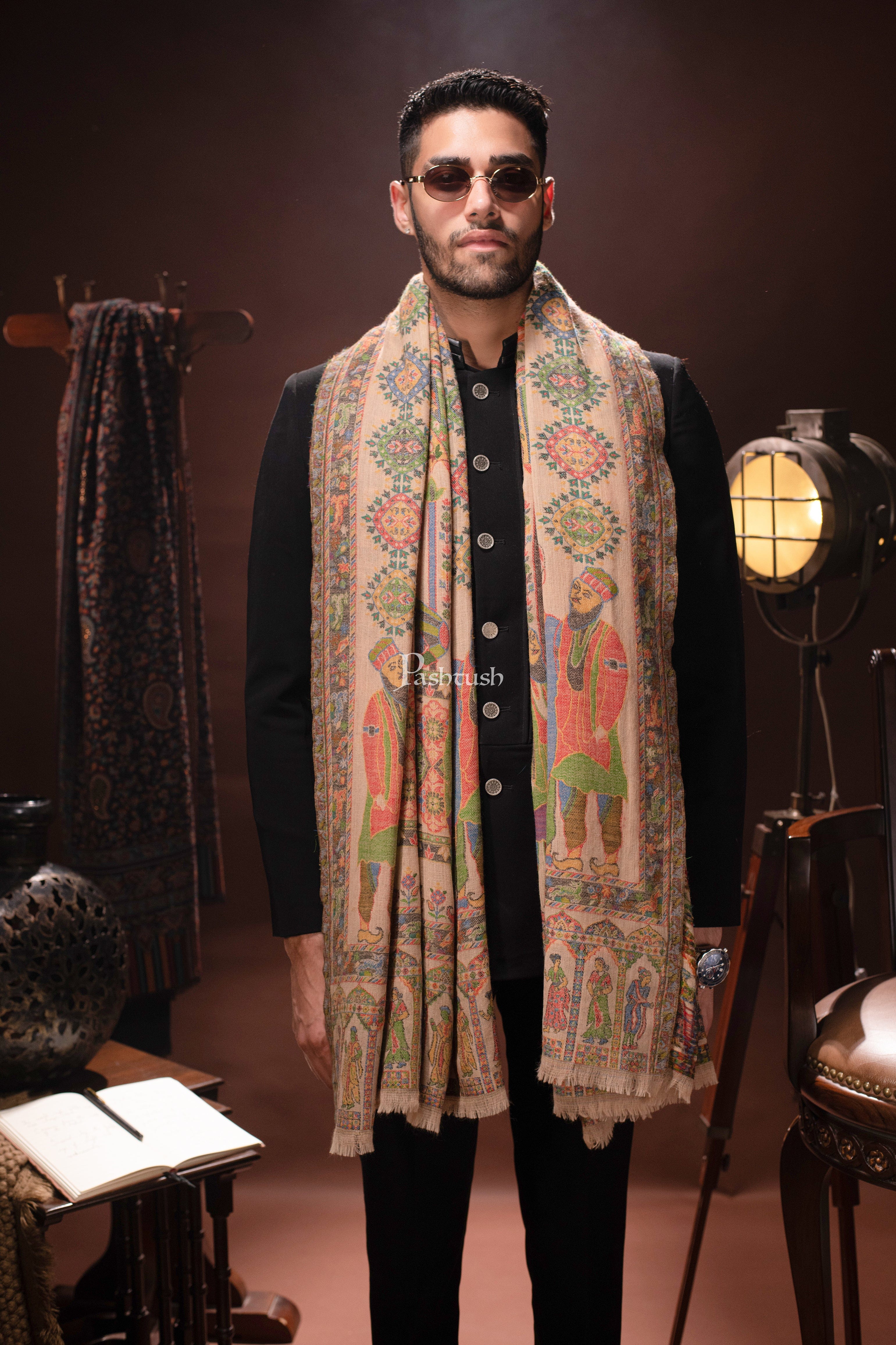 Pashtush mens 100% Pure Wool with Woolmark Certificate stole, Darbar design, Beige