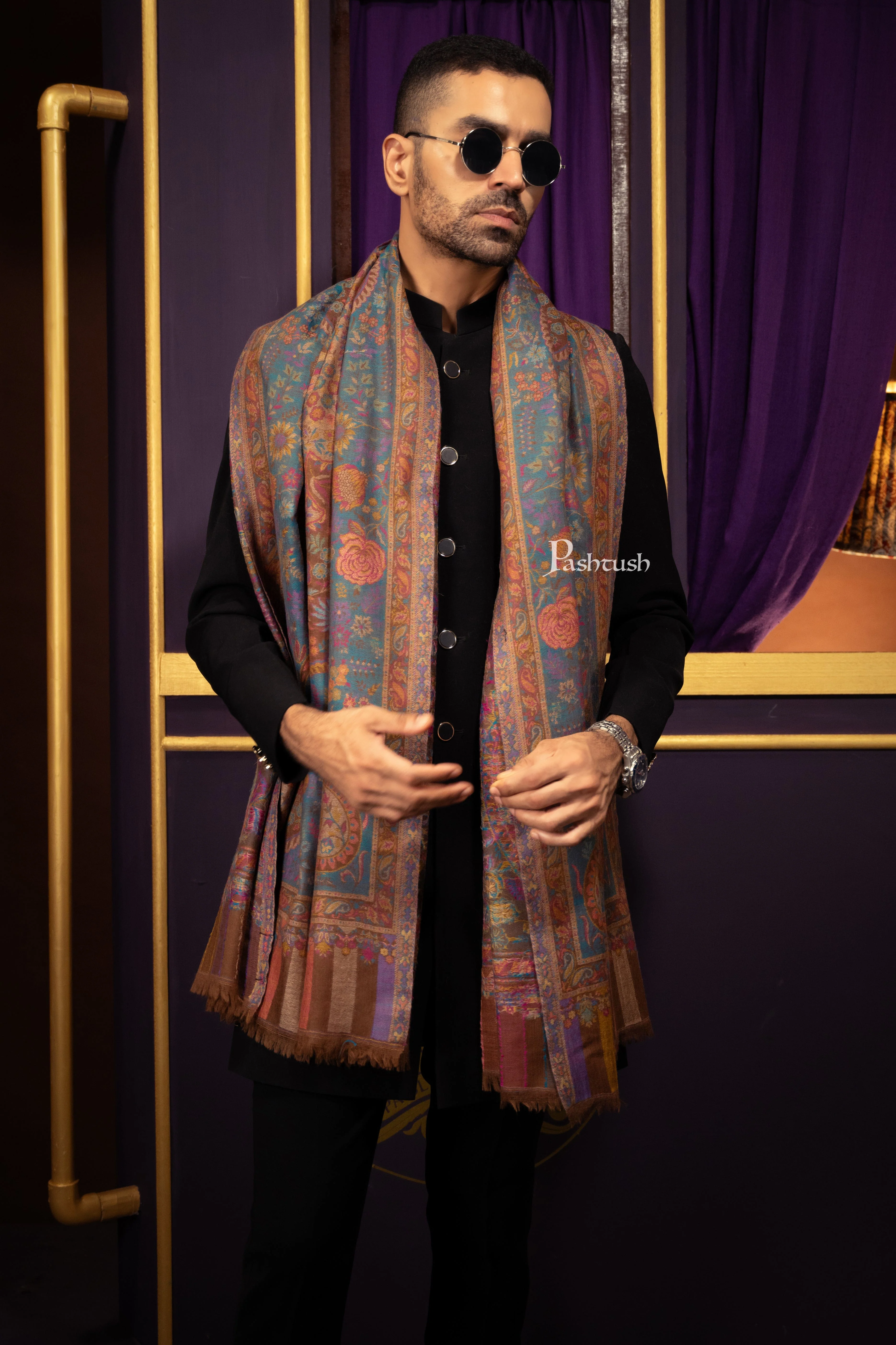 Pashtush Mens 100% Pure Wool With Woolmark Certificate Stole, Ethnic Paisley Weave Soft And Warm Design, Brown - Image 2