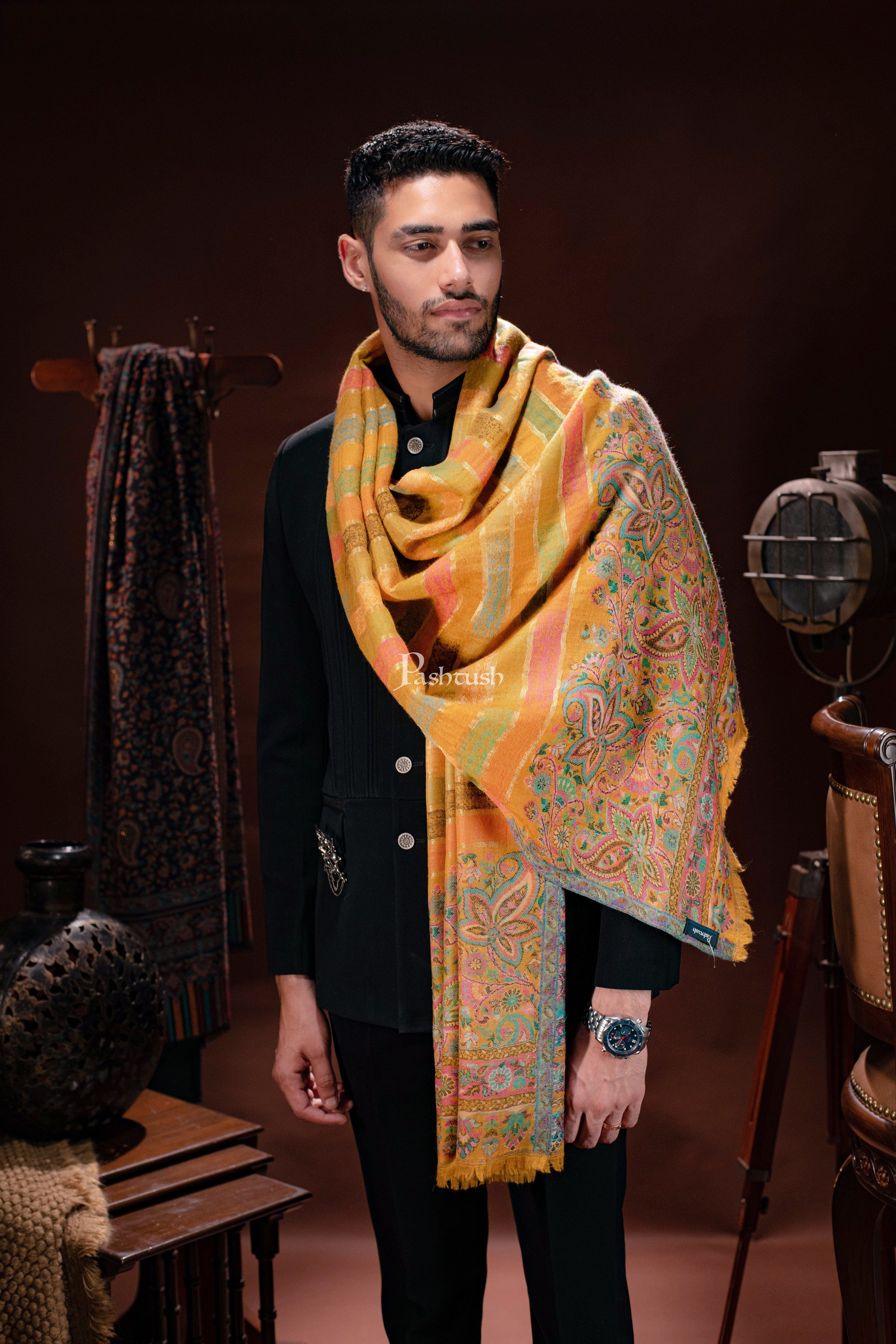 Pashtush mens 100% Pure Wool with Woolmark Certificate stole, Ethnic Stripe design, Mustard - Image 2