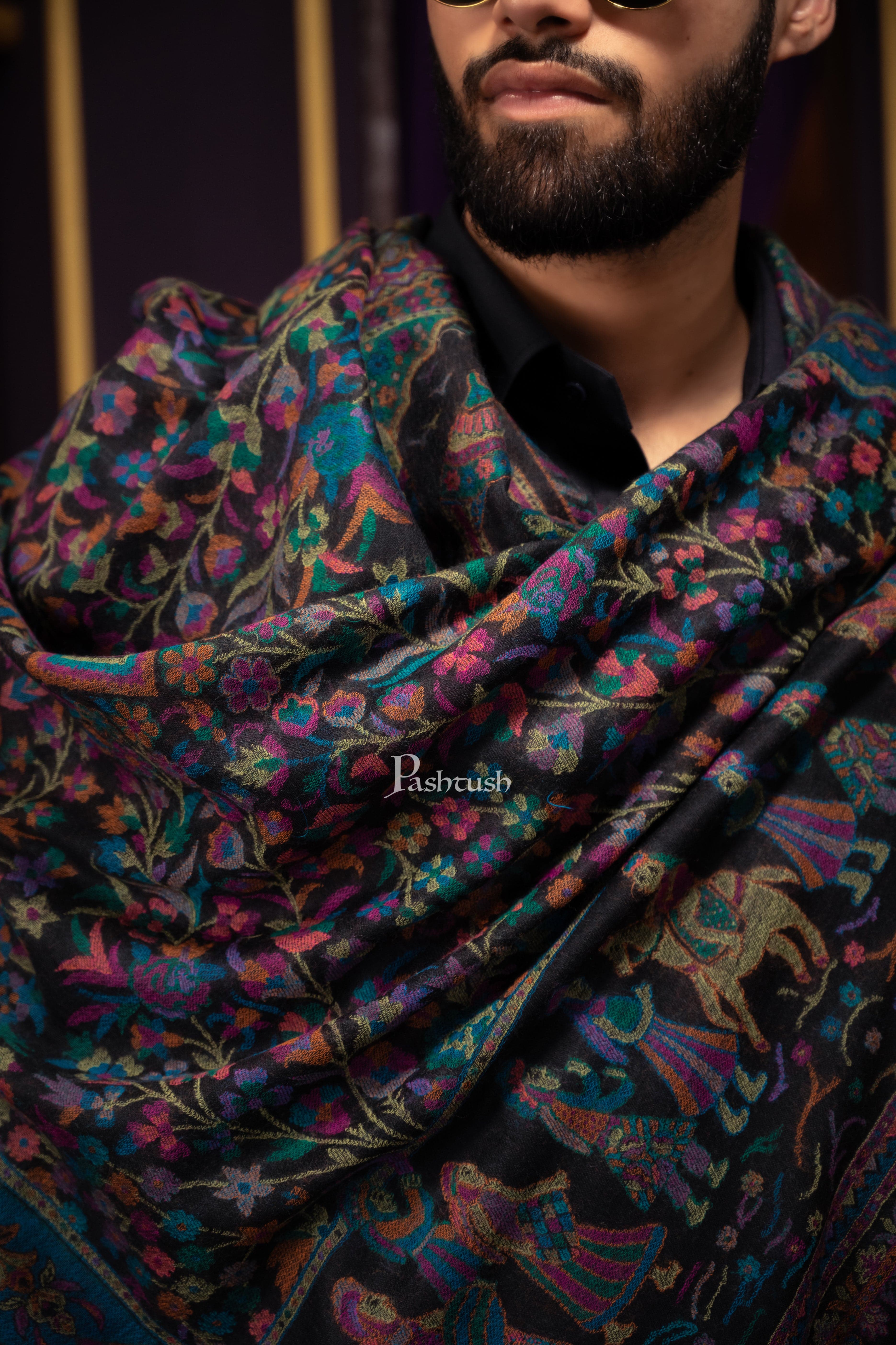 Pashtush Mens 100% Pure Wool With Woolmark Certificate Stole, Ethnic Weave Soft And Warm Design, Blue - Image 2