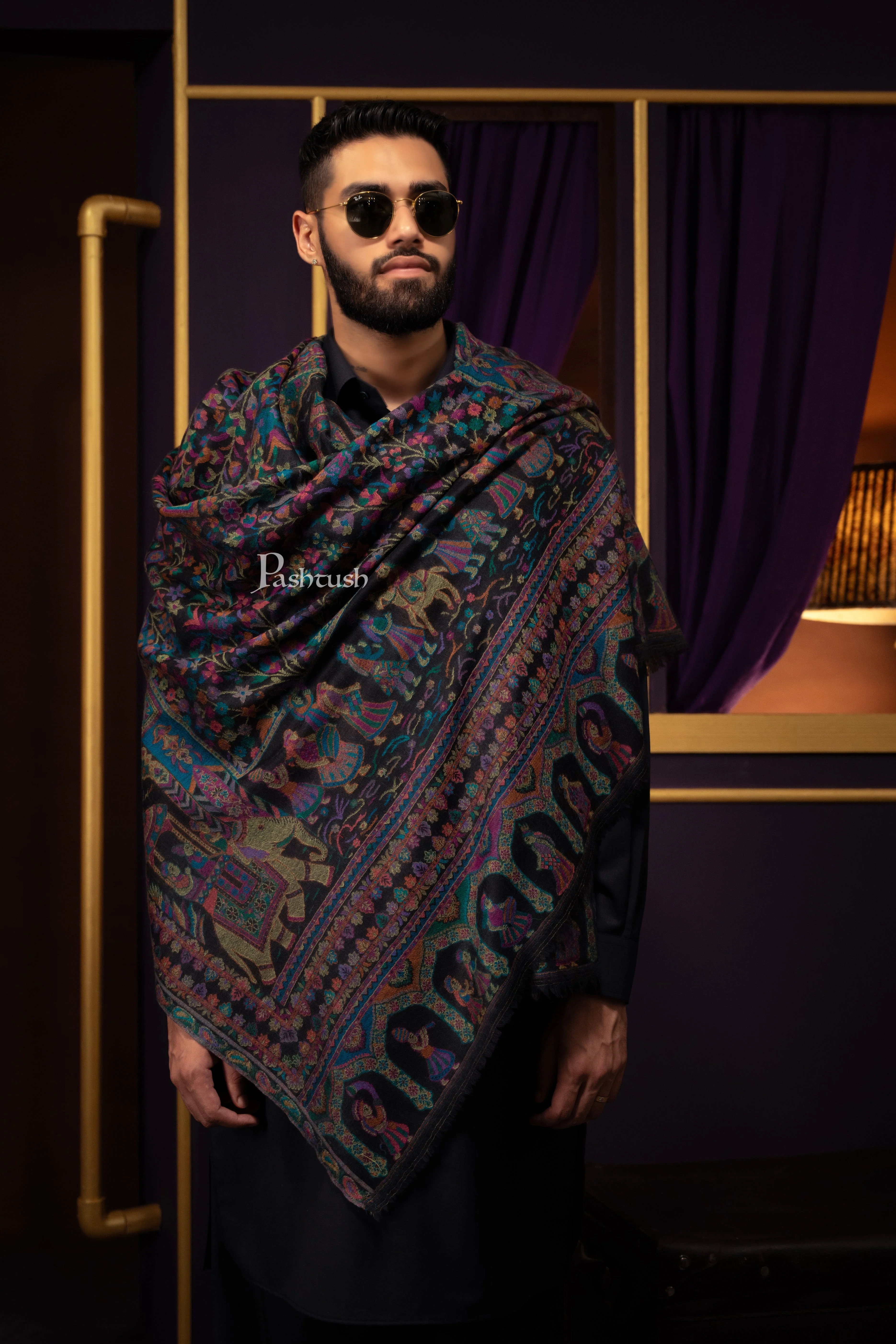 Pashtush Mens 100% Pure Wool With Woolmark Certificate Stole, Ethnic Weave Soft And Warm Design, Blue - Image 4
