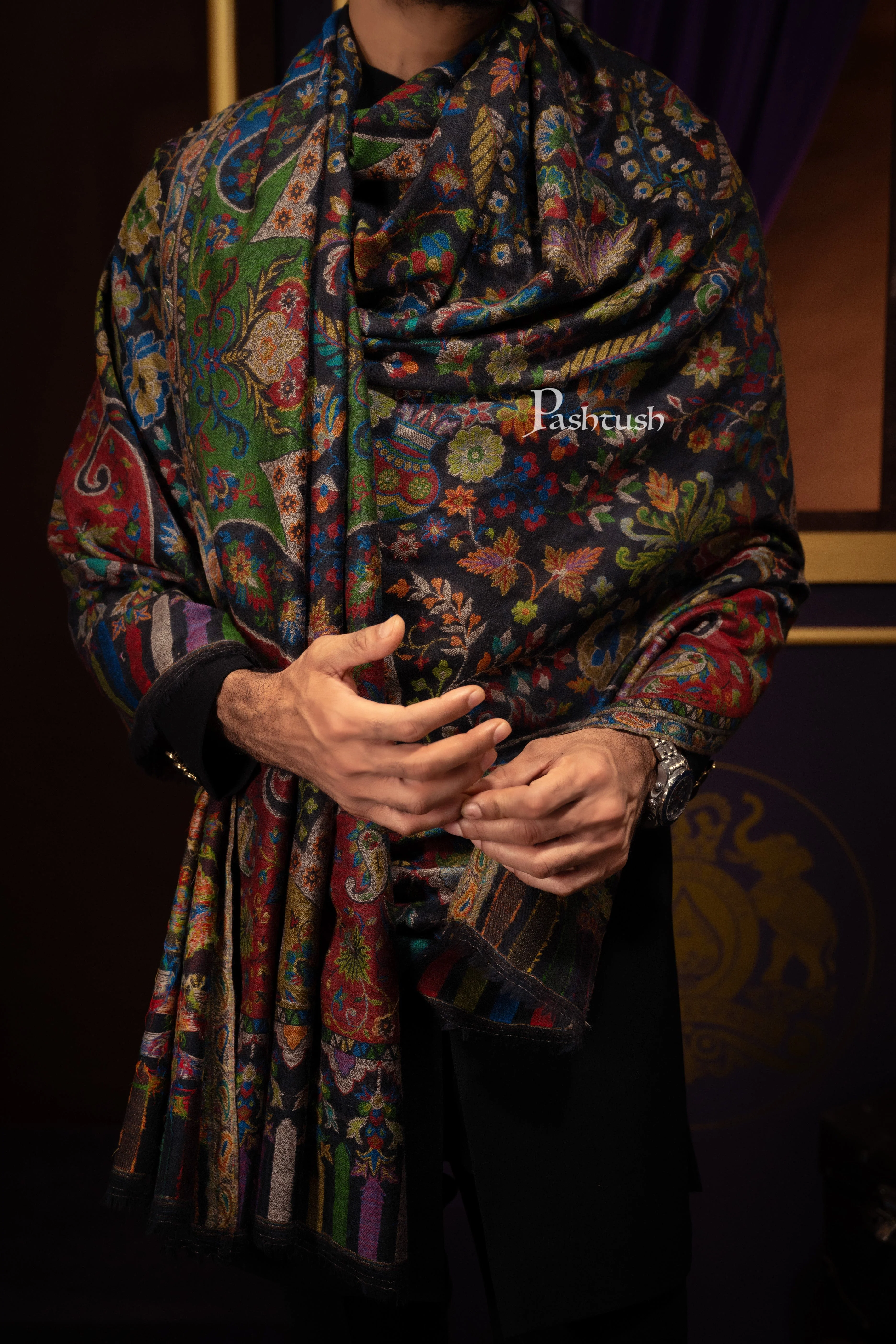 Pashtush Mens 100% Pure Wool With Woolmark Certificate Stole, Ethnic Weave Soft And Warm Design, Black - Image 2