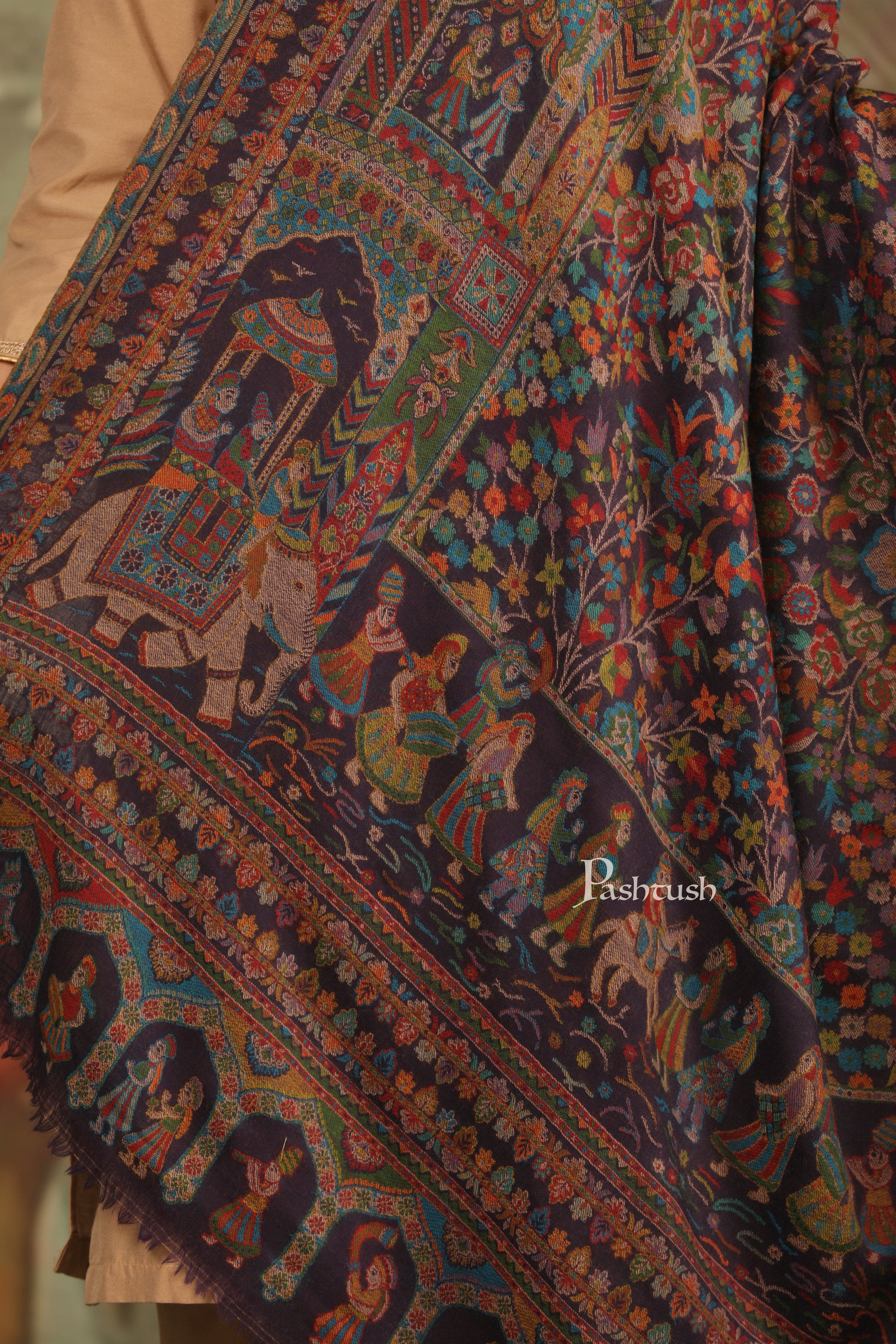 Pashtush Mens 100% Pure Wool With Woolmark Certificate Shawl, Ethnic Weave Soft And Warm Design, Black - Image 2