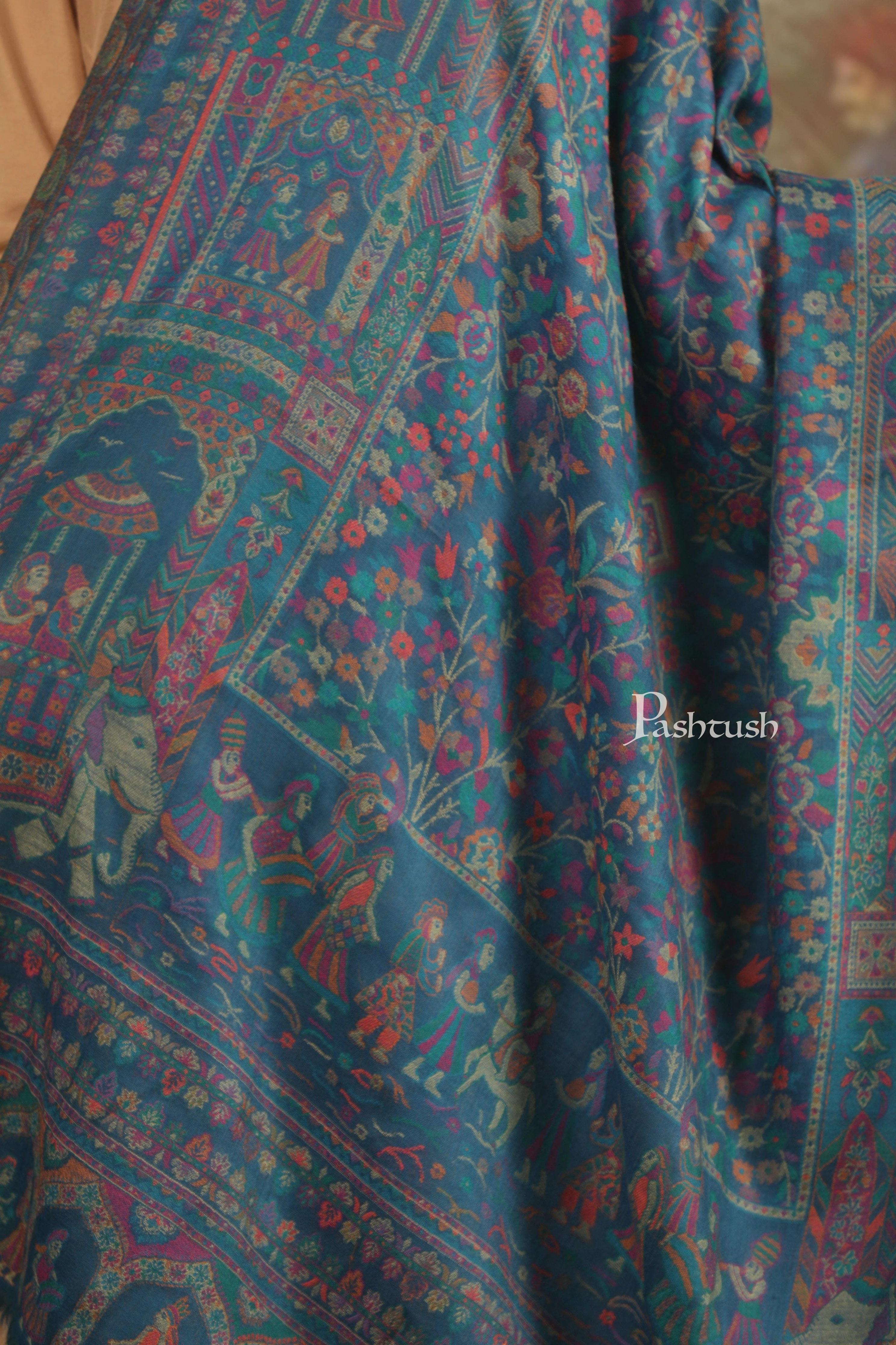 Pashtush Mens 100% Pure Wool Shawl With Woolmark Certificate, Ethnic Weave Soft And Warm Design, Blue - Image 2