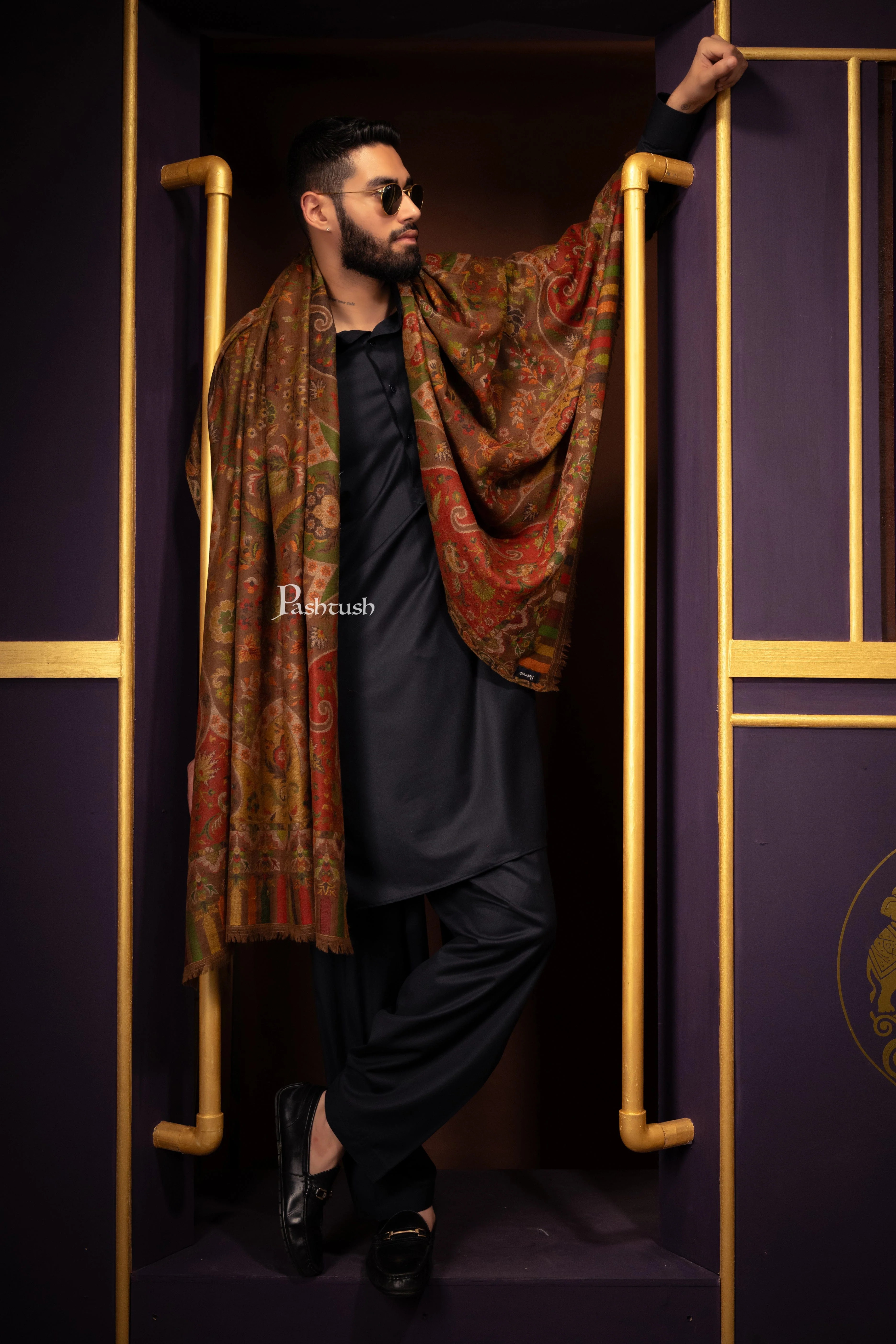 Pashtush Mens 100% Pure Wool With Woolmark Certificate Stole, Ethnic Weave Soft And Warm Design, Brown