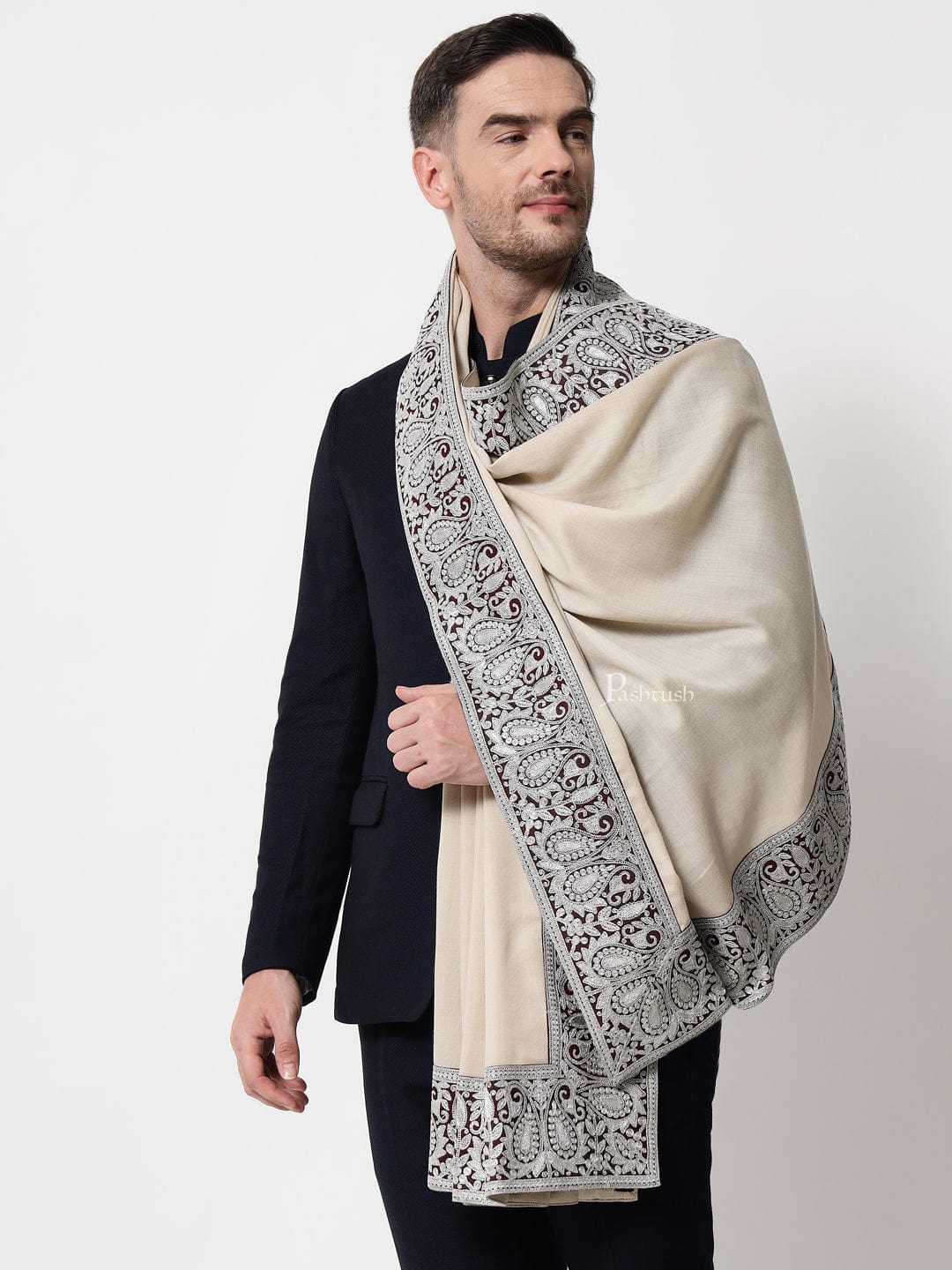 Pashtush mens 100% Pure Wool with Woolmark Certificate stole, Metallic Tilla silver border weave design, Taupe - Image 2