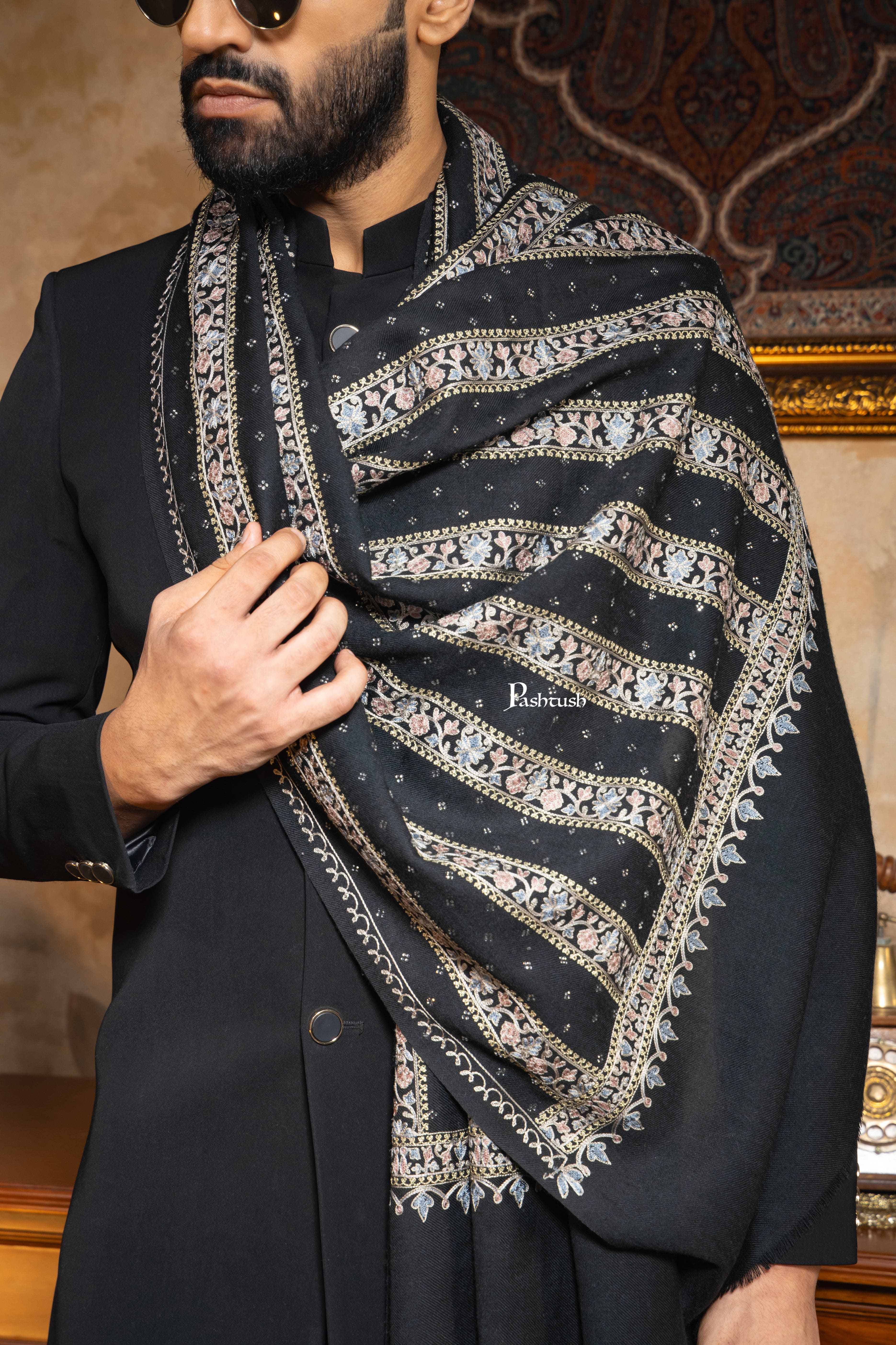 Pashtush Mens Extra fine wool Nalki Embroidery With Crystal Design, Black - Image 2
