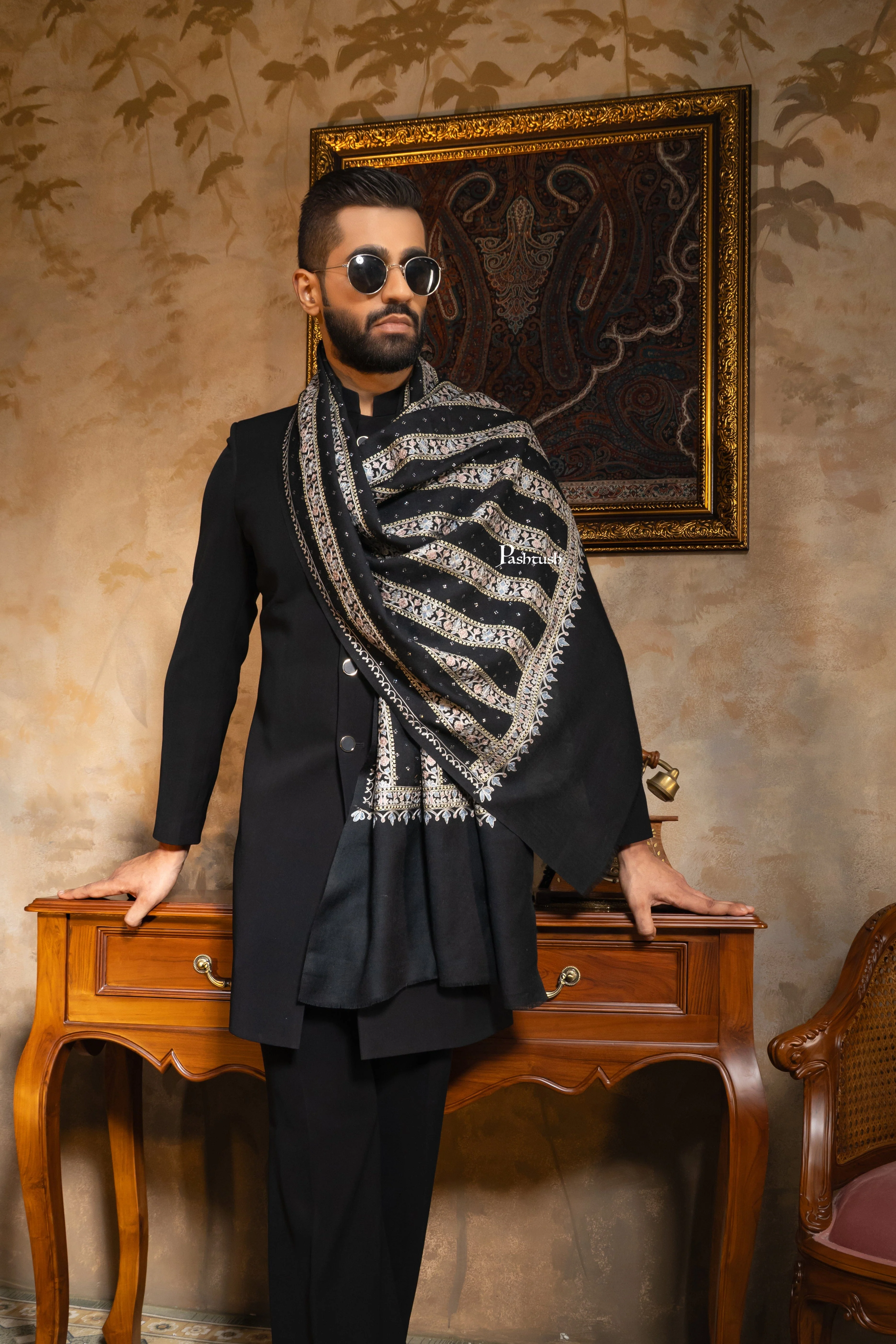 Pashtush Mens Extra fine wool Nalki Embroidery With Crystal Design, Black - Image 3