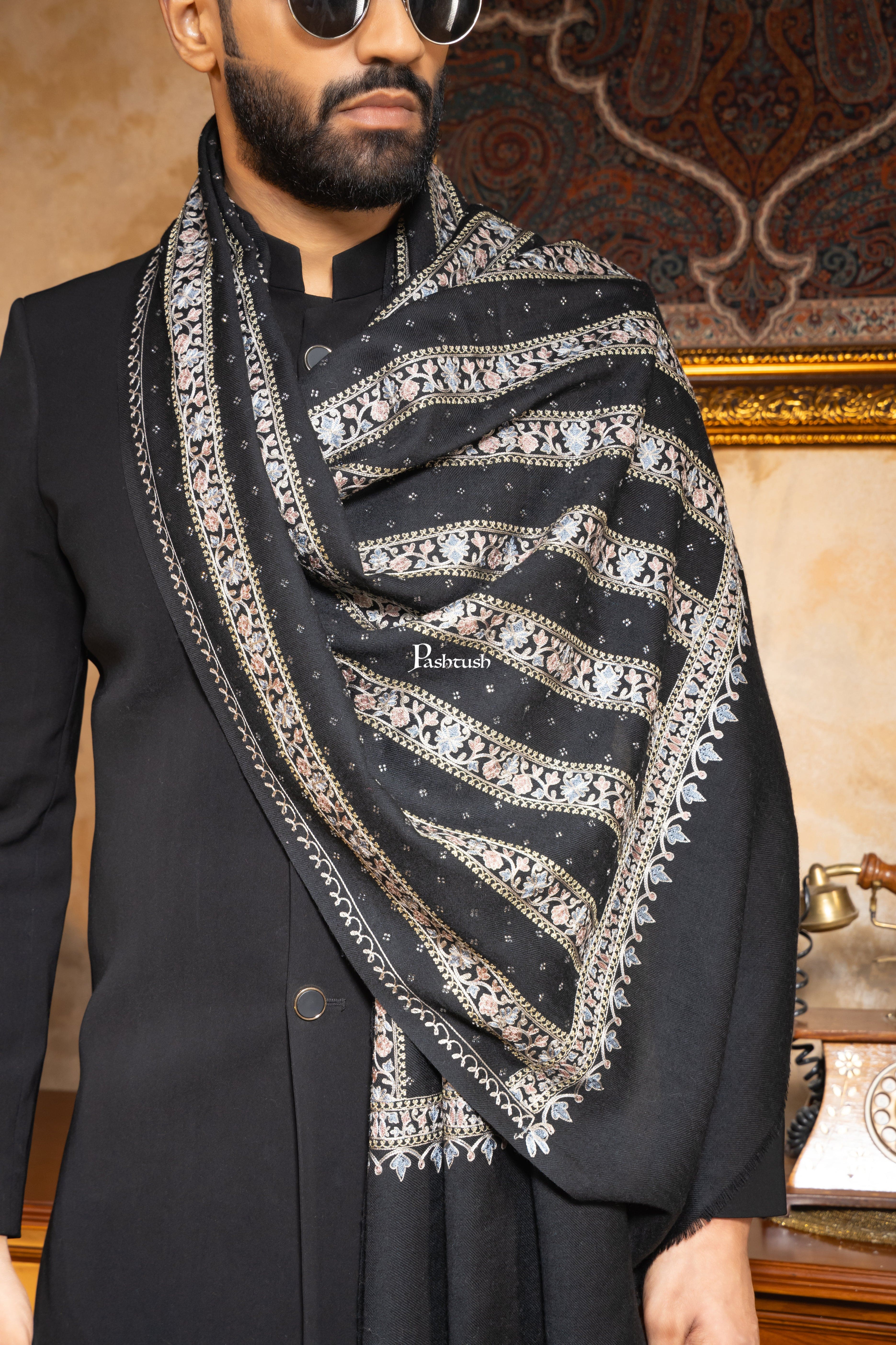 Pashtush Mens Extra fine wool Nalki Embroidery With Crystal Design, Black - Image 4