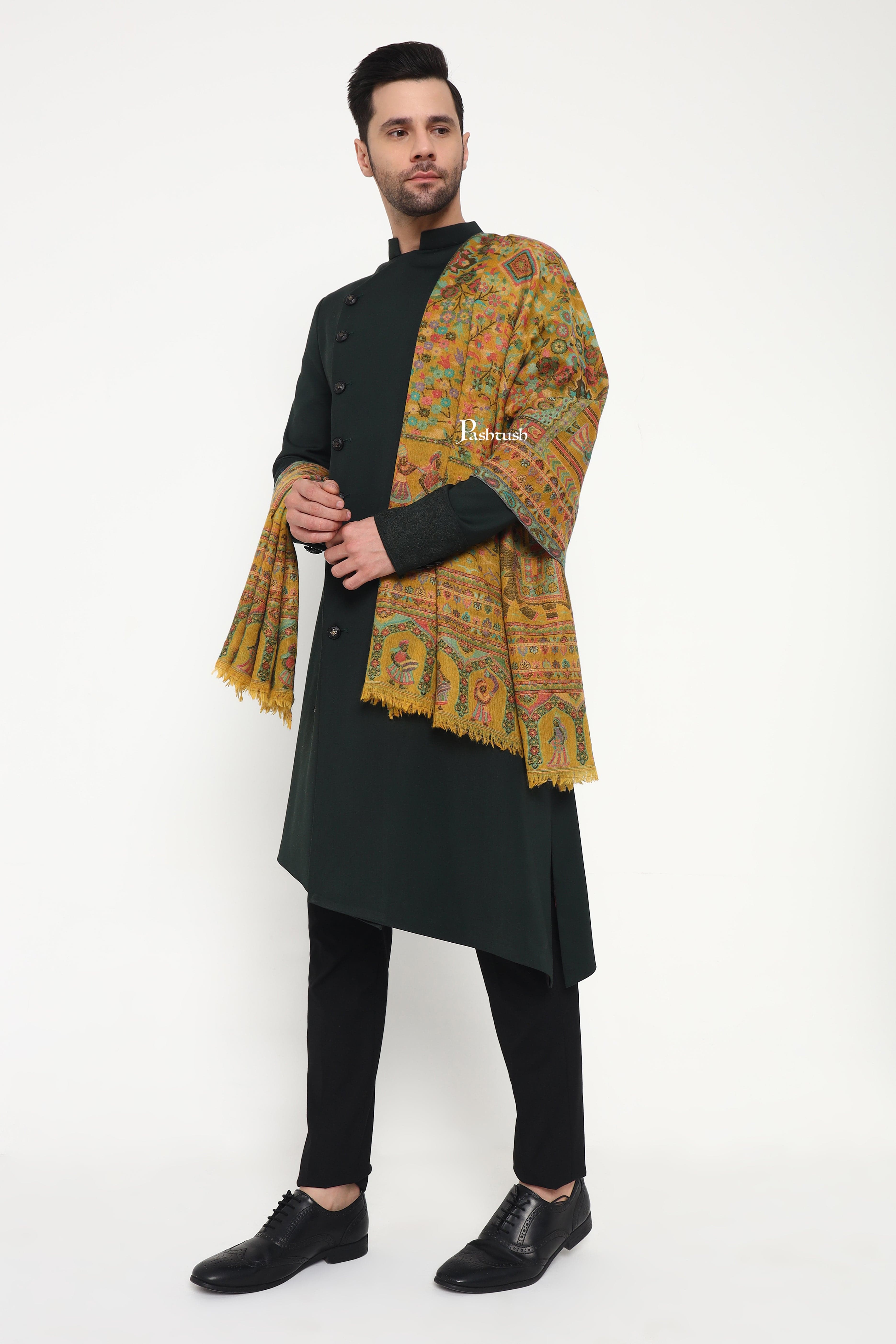 Pashtush Mens 100% Pure Wool With Woolmark Certificate Stole, Paisley Design, Mustard