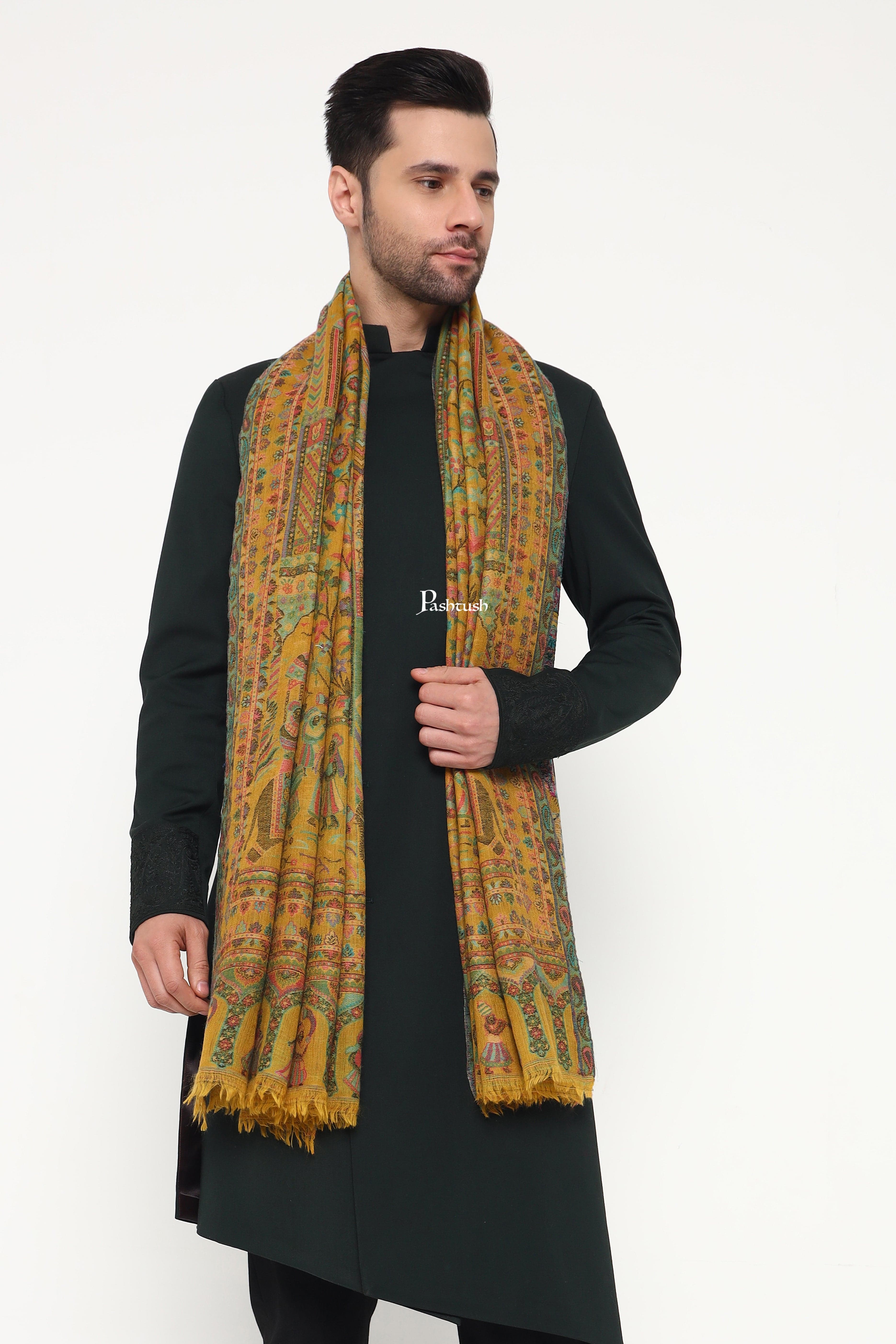 Pashtush Mens 100% Pure Wool With Woolmark Certificate Stole, Paisley Design, Mustard - Image 3