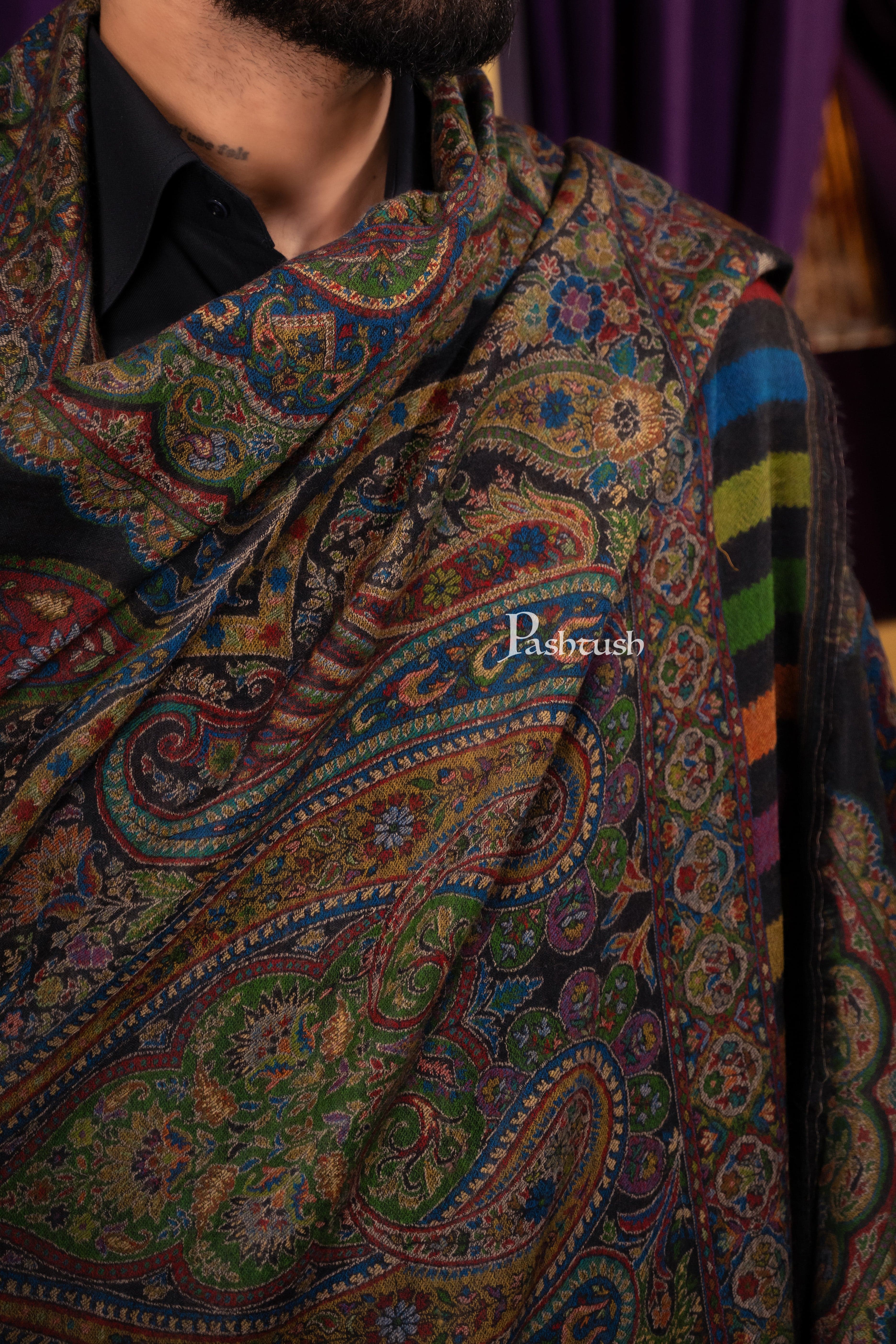 Pashtush Mens 100% Pure Wool With Woolmark Certificate Stole, Paisley Weave Design, Black - Image 2