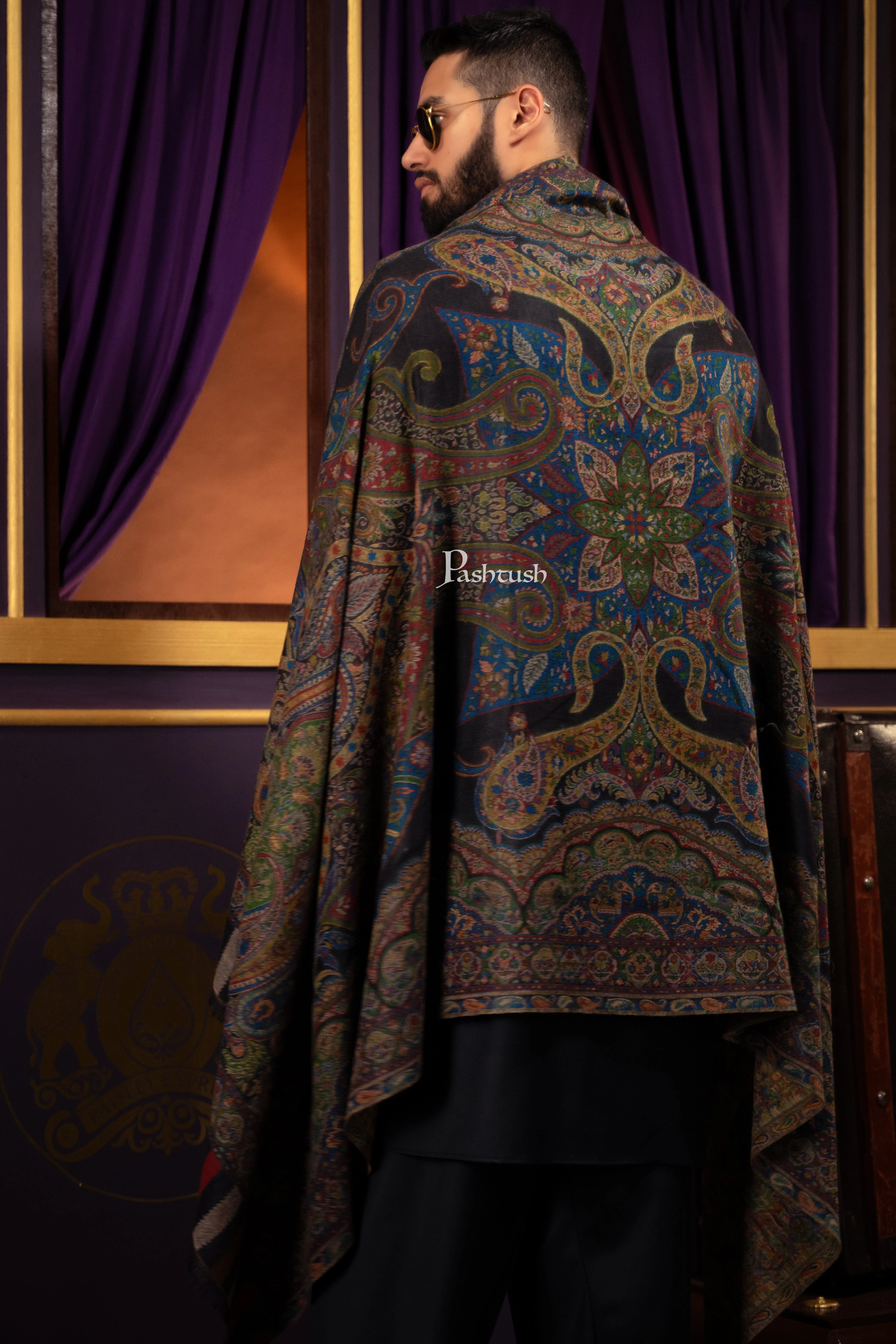 Pashtush Mens 100% Pure Wool With Woolmark Certificate Stole, Paisley Weave Design, Black - Image 4
