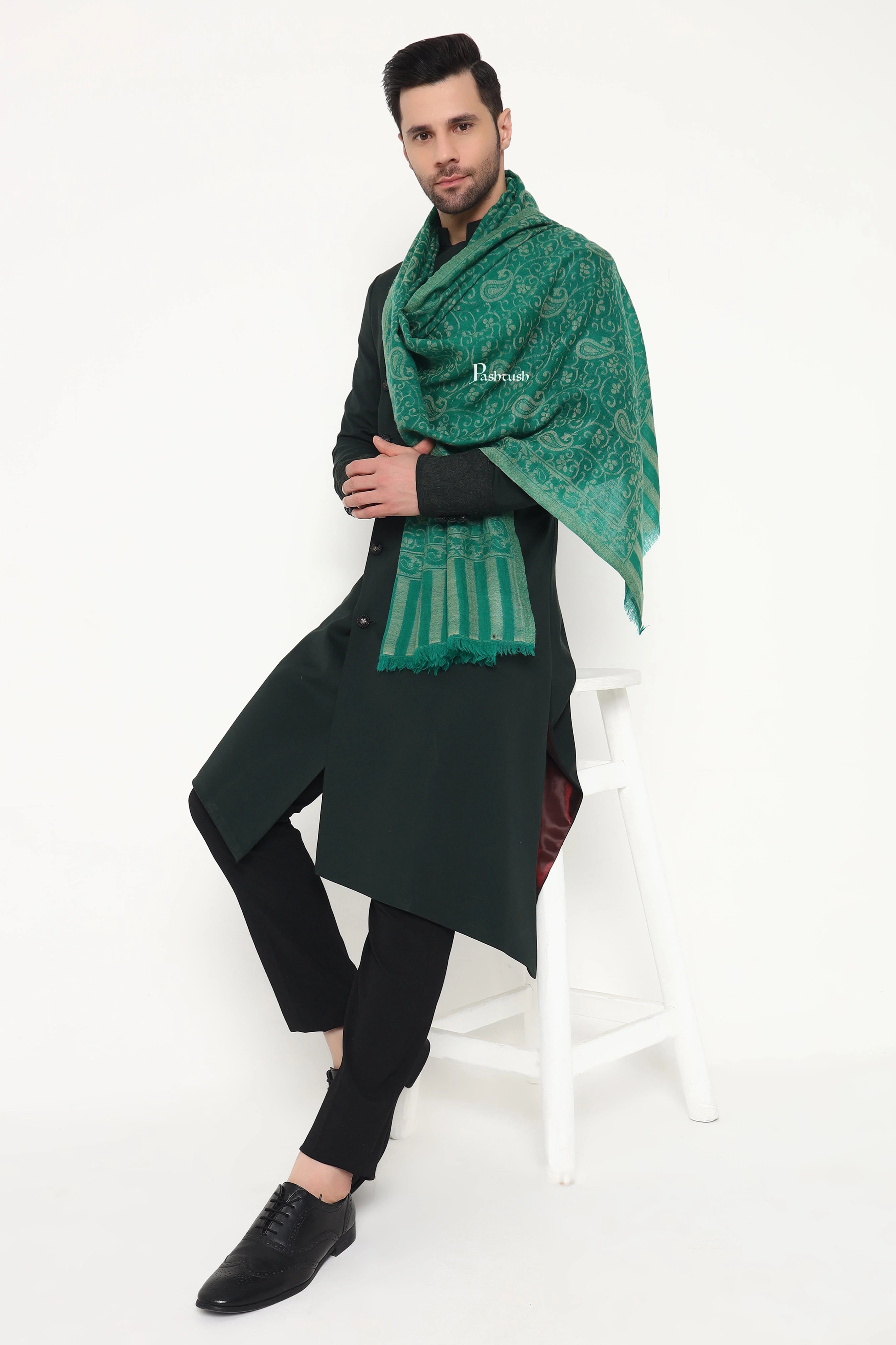 Pashtush Mens 100% Pure Wool With Woolmark Certificate Stole, Paisley Weave Design, Green - Image 9
