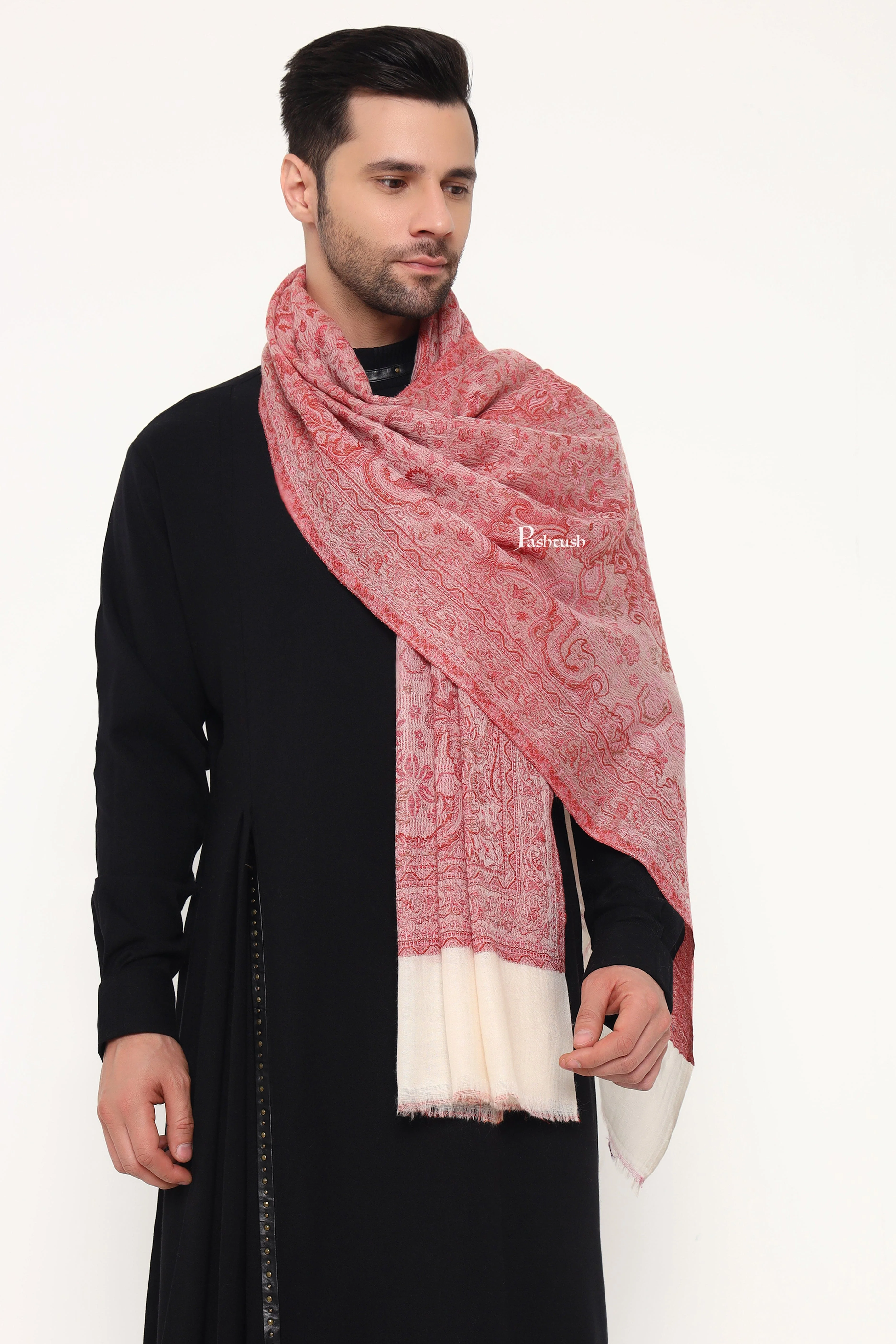 Pashtush Mens 100% Pure Wool With Woolmark Certificate Stole, Paisley Weave Design, Ivory - Image 4