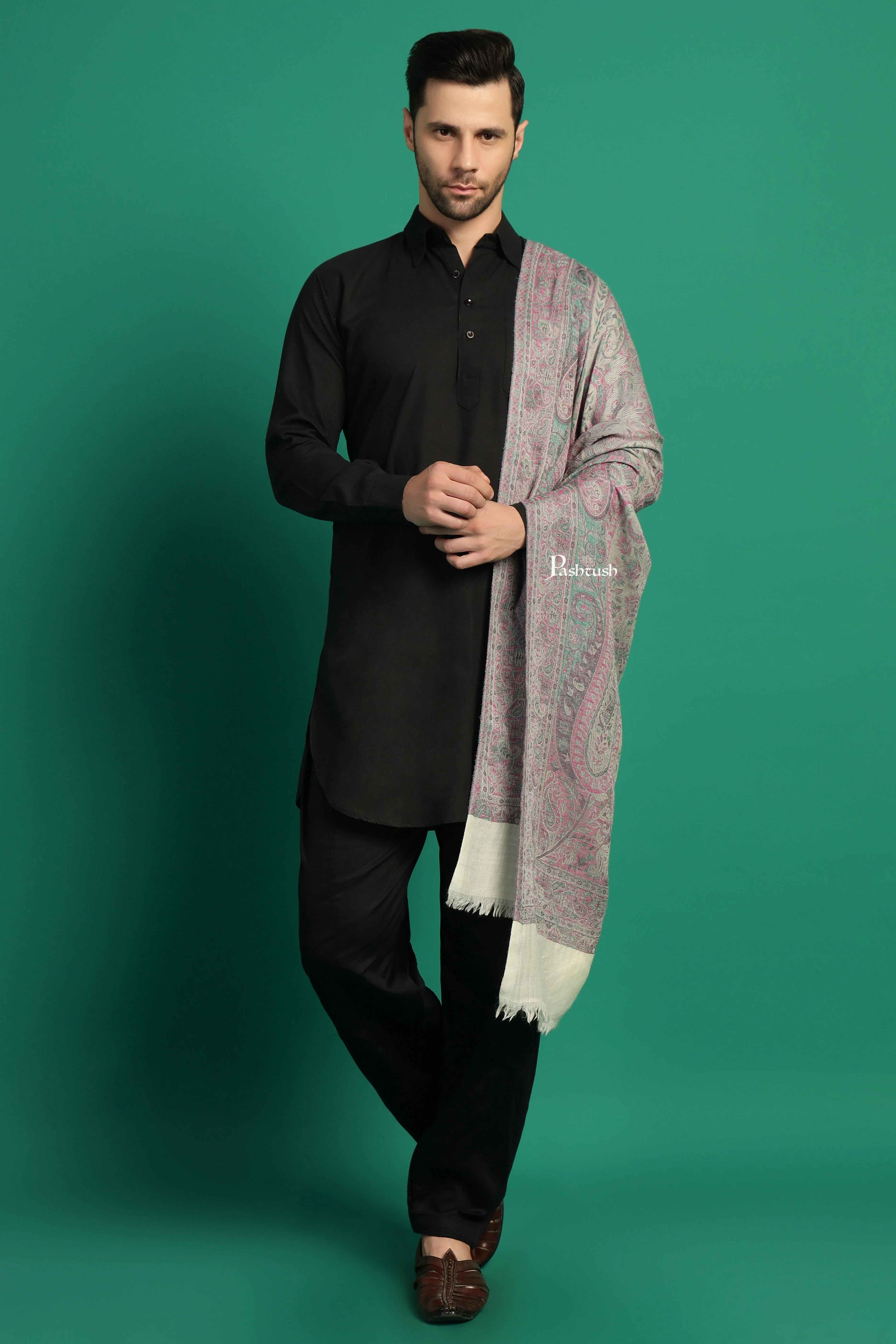 Pashtush Mens 100% Pure Wool With Woolmark Certificate Stole, Paisley Weave Design, Ivory