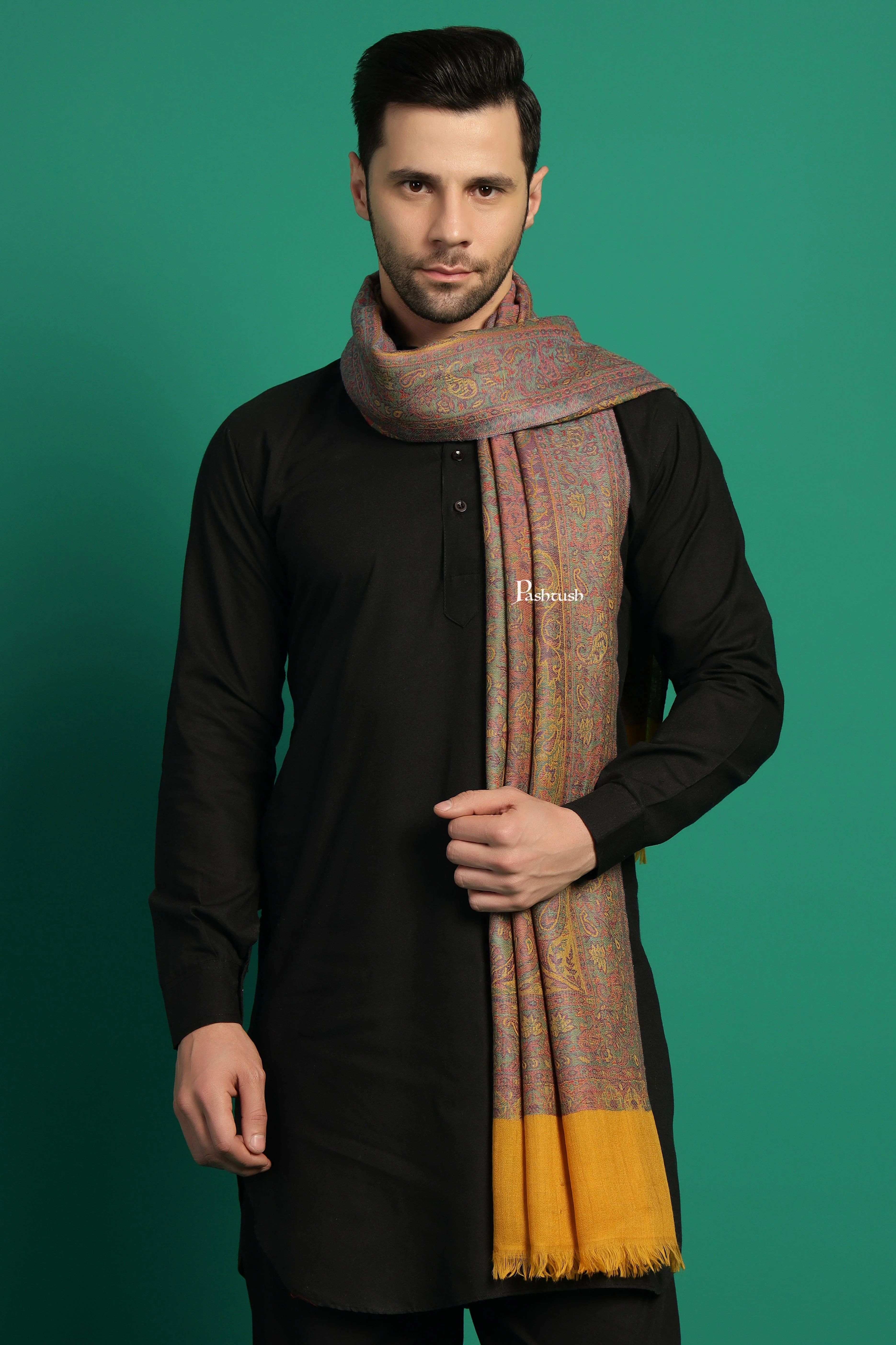 Pashtush Mens 100% Pure Wool With Woolmark Certificate Stole, Paisley Weave Design, Mustard - Image 6