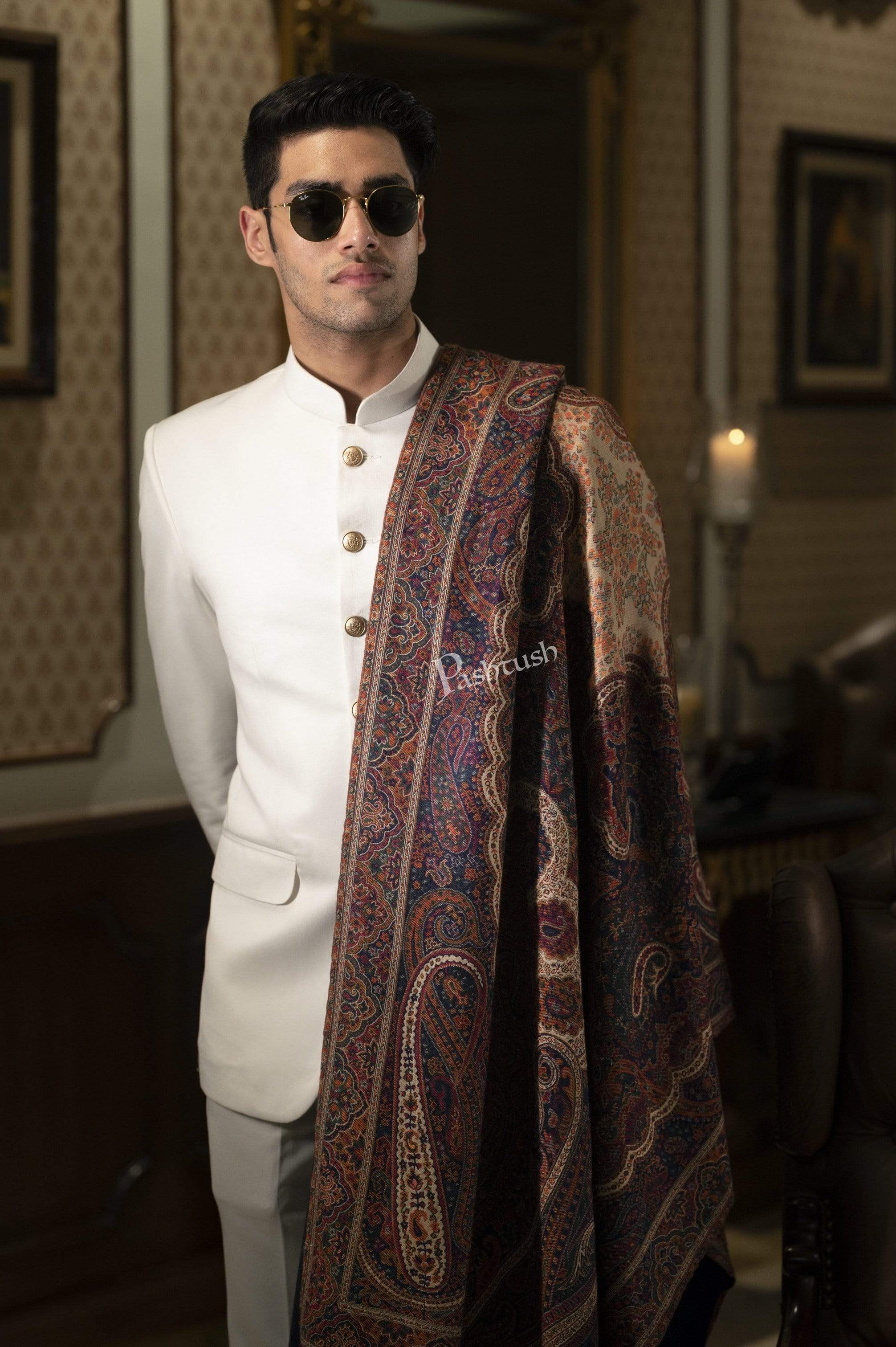 Pashtush Mens Antique Look Heritage Design, Jamawar Stole - Image 2