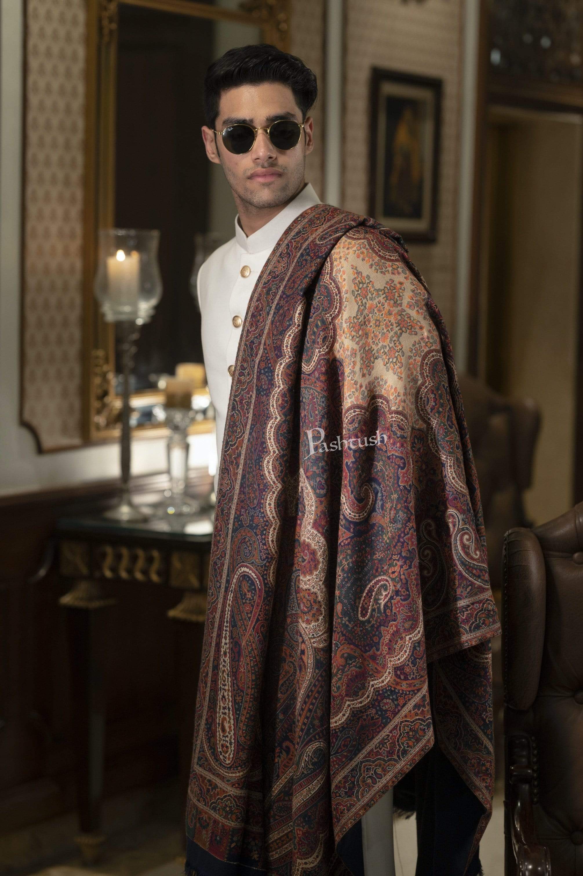 Pashtush Mens Antique Look Heritage Design, Jamawar Stole - Image 3