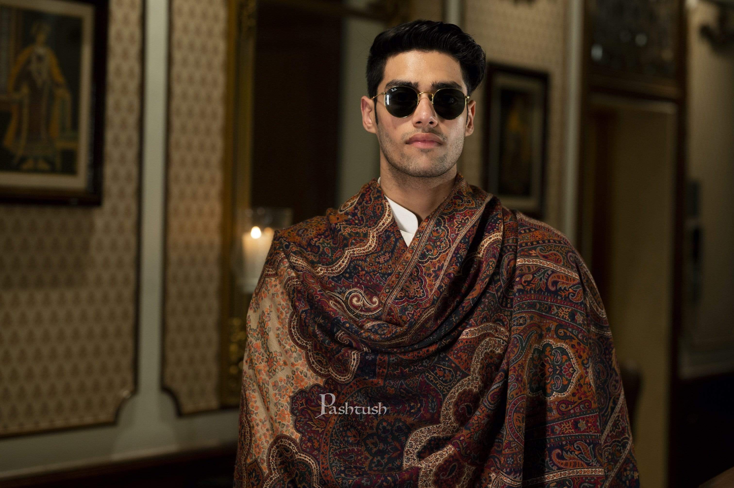 Pashtush Mens Antique Look Heritage Design, Jamawar Stole - Image 5
