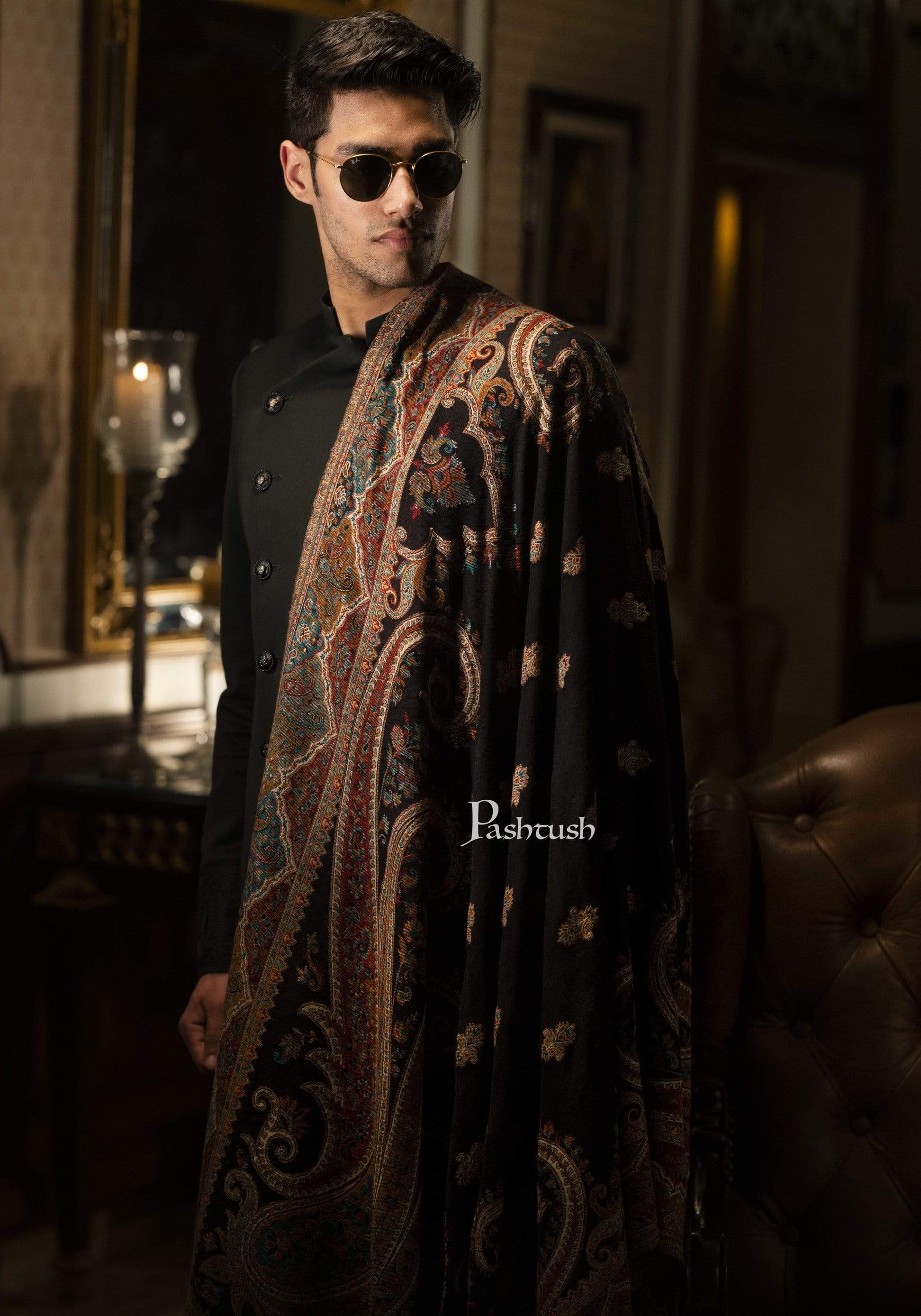 Pashtush Mens Antique Look Heritage Design, Jamawar Shawl