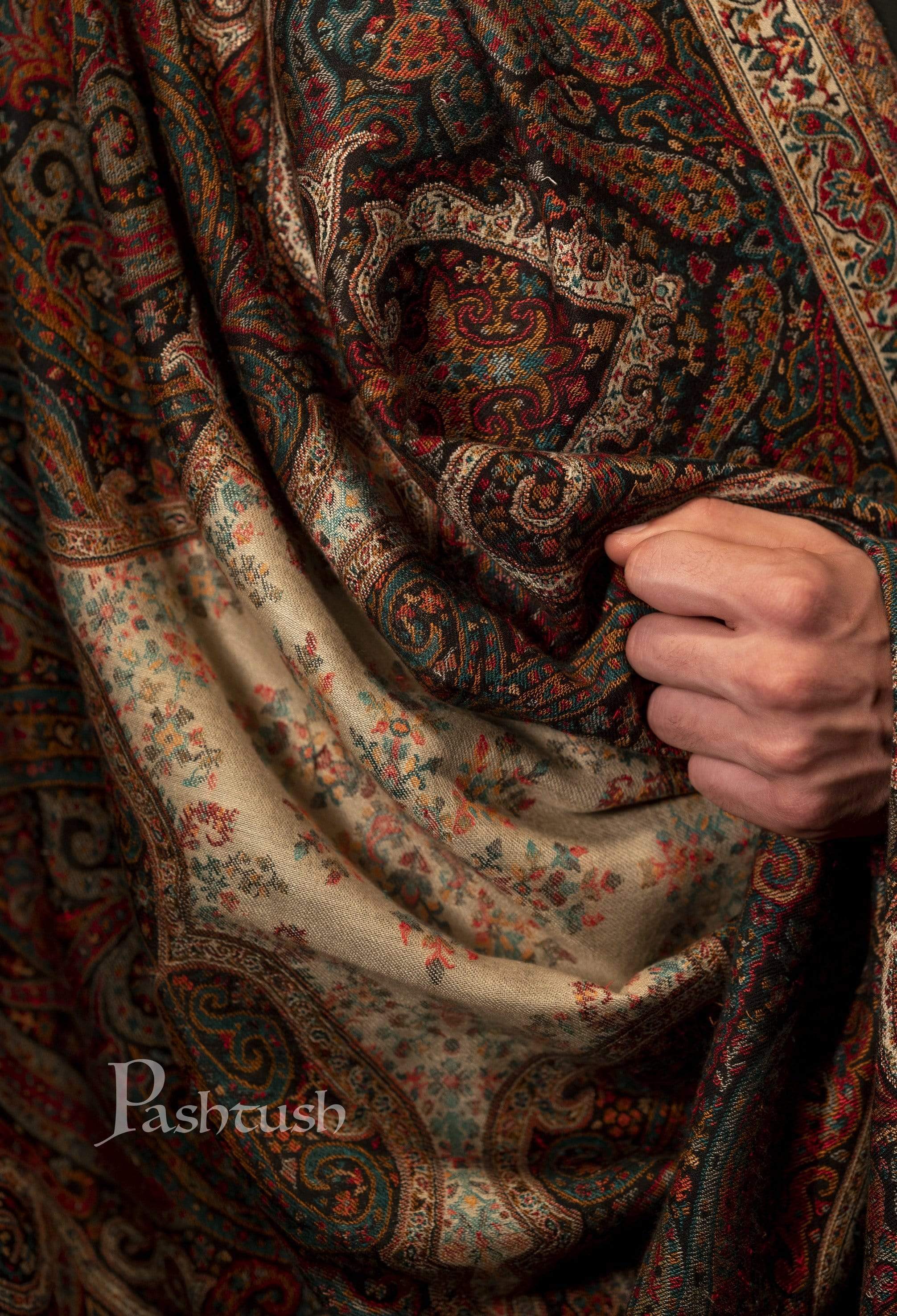 Pashtush Mens Antique Look Heritage Design, Jamawar Stole, Fine and Soft - Image 3