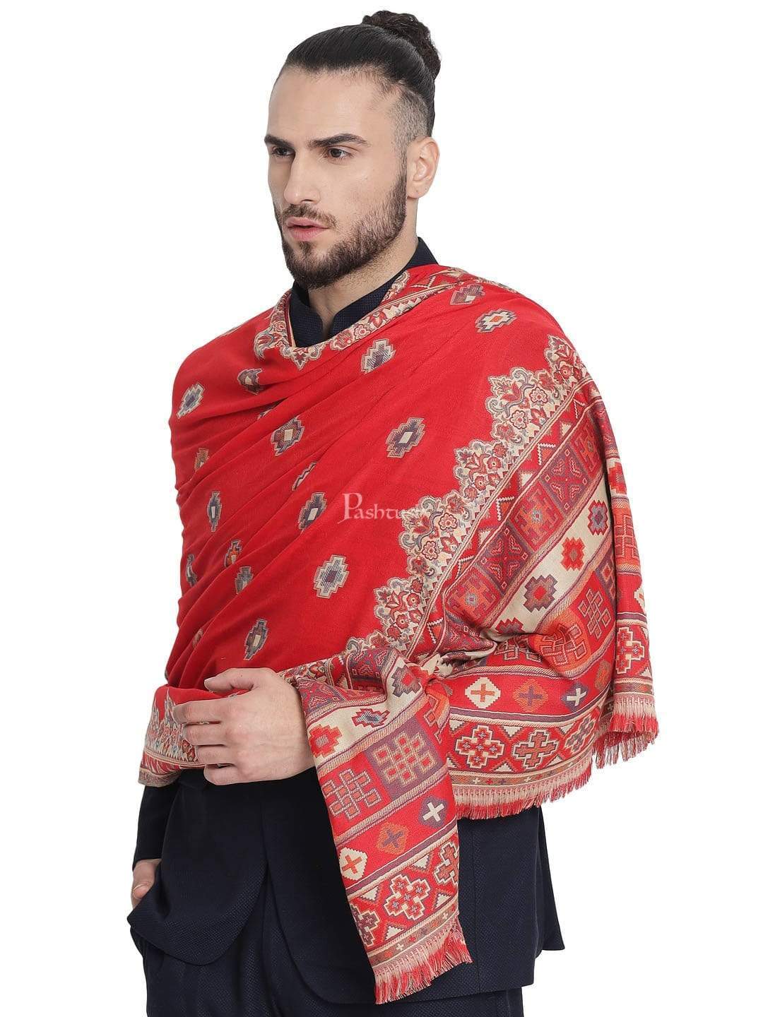 Pashtush Mens Aztec Jamawar Stole, Faux Pashmina Maroon - Image 4