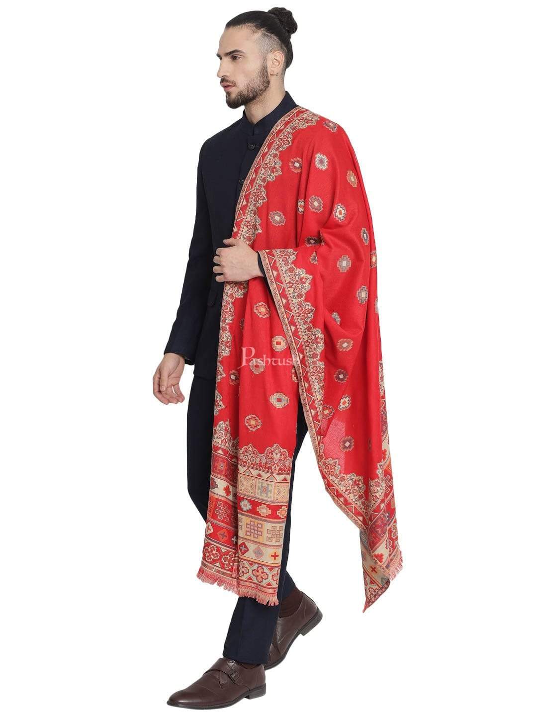 Pashtush Mens Aztec Jamawar Stole, Faux Pashmina Maroon - Image 5