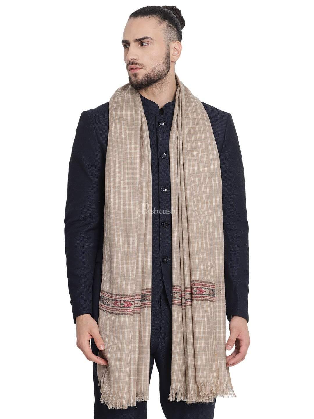 Pashtush Mens Aztec Weave Stole From Himachal, Beige - Image 4