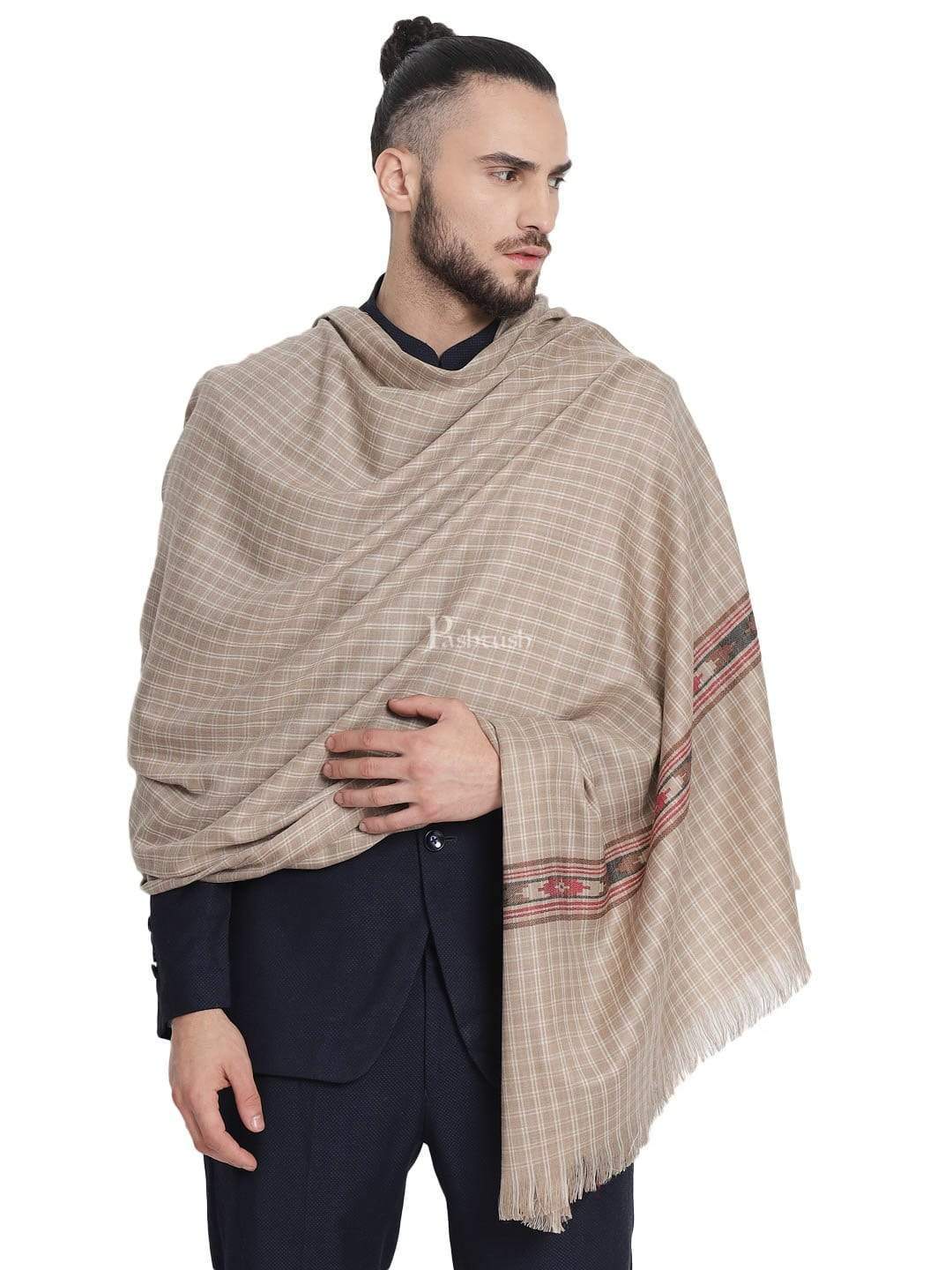 Pashtush Mens Aztec Weave Stole From Himachal, Beige - Image 5