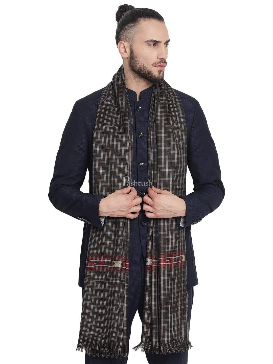 Pashtush Mens Aztec Weave Stole, From Himachal, Black - Image 3