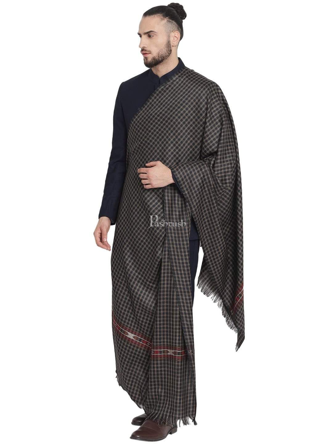 Pashtush Mens Aztec Weave Stole, From Himachal, Black - Image 4
