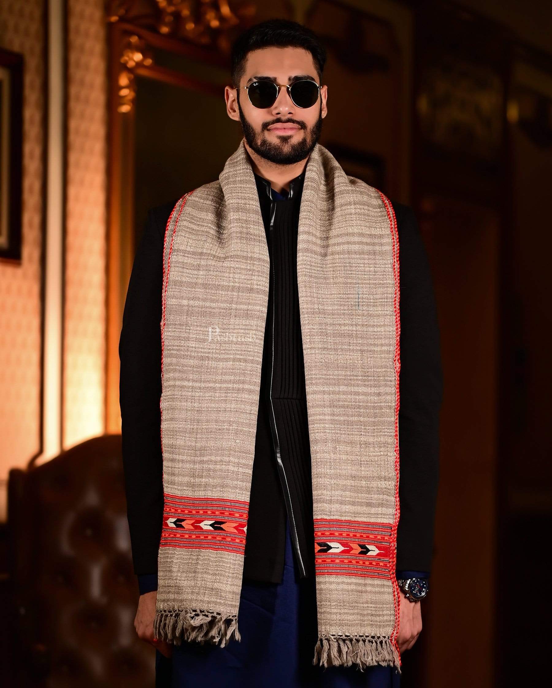 Pashtush Mens Aztec Wool, Authentic 100% Handwoven Stole, Extra Warm, Beige - Image 4