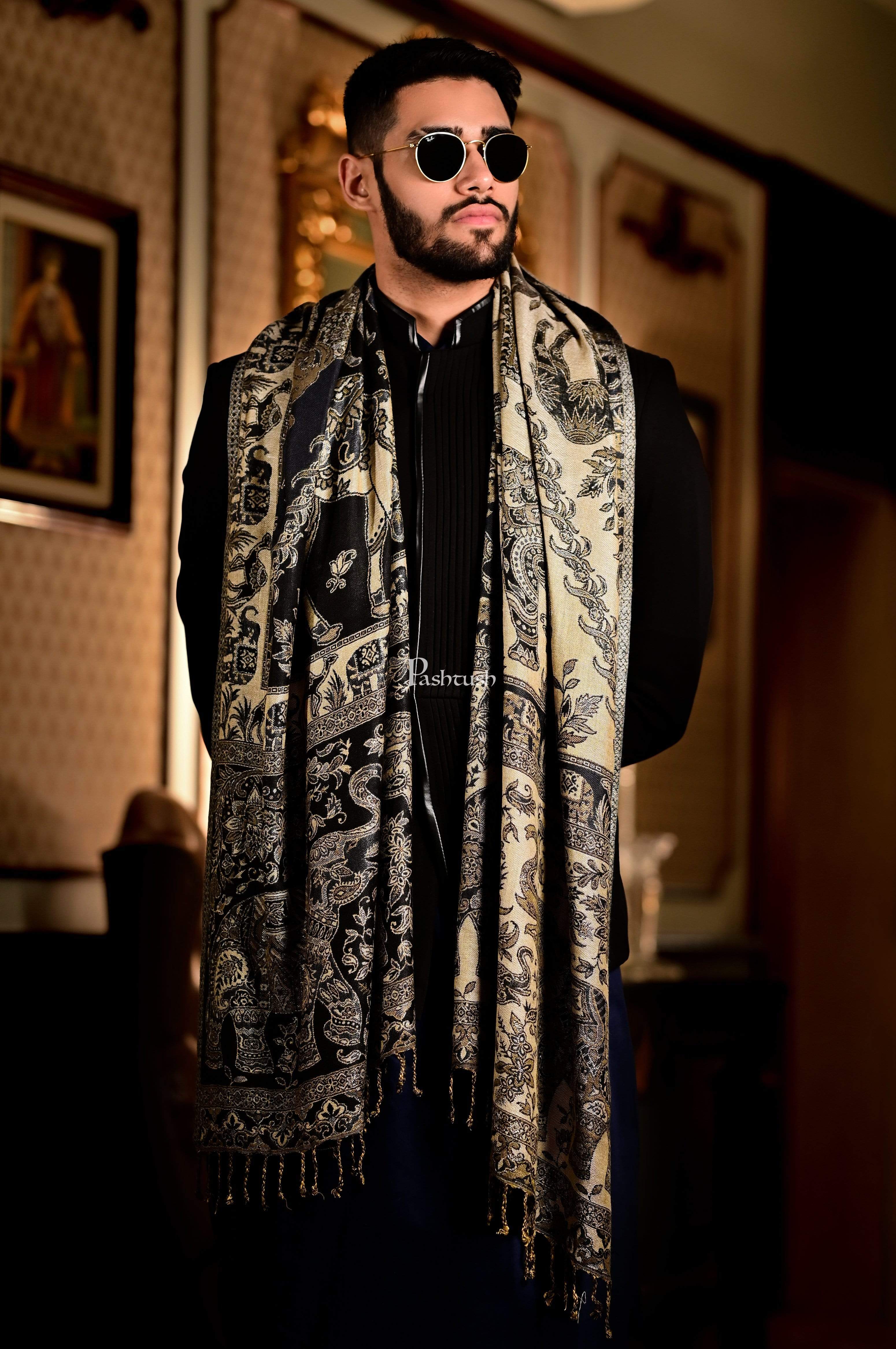Pashtush Mens Bamboo Reversible Stole, Safari Animals, Elephant Design, Black