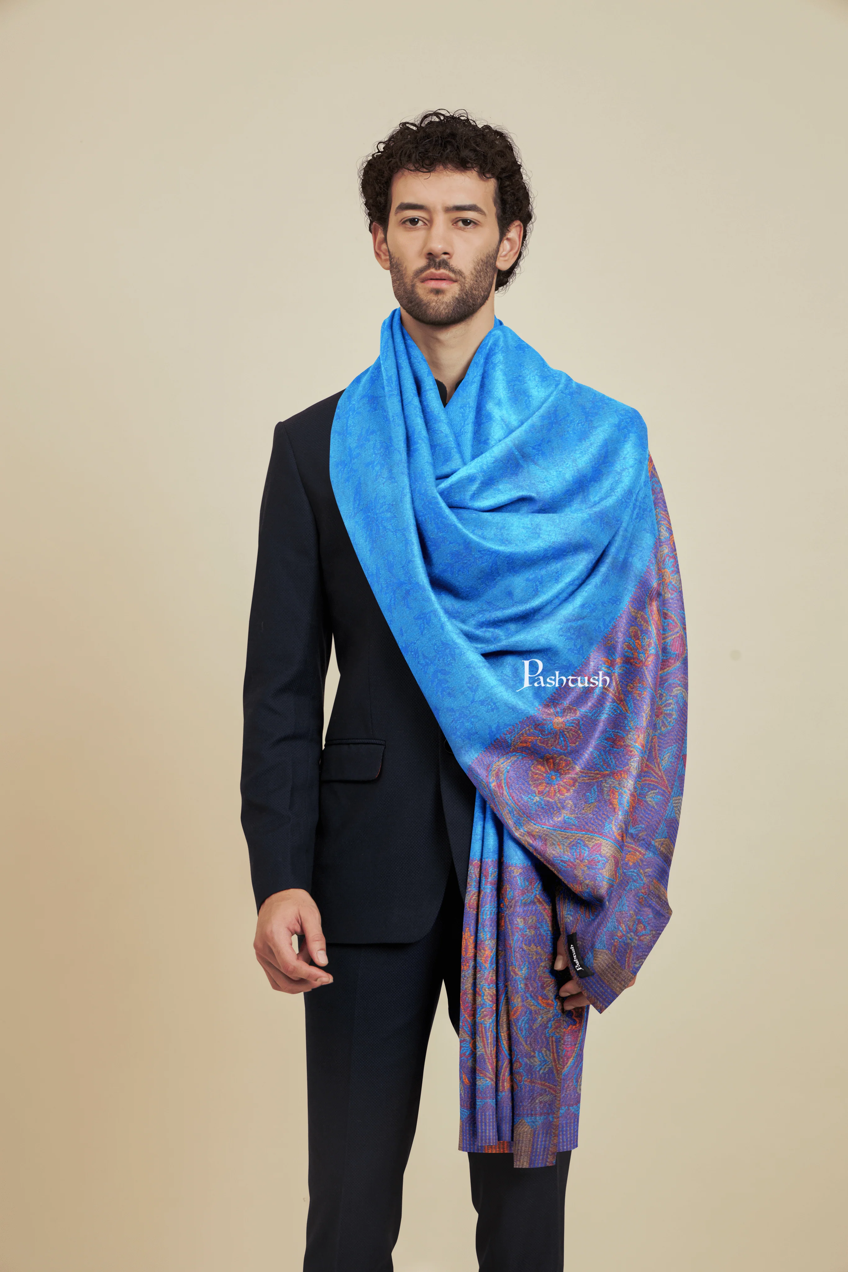 Pashtush Mens Bamboo Scarf, Woven Paisley Soft And Natural, Navy Blue - Image 3