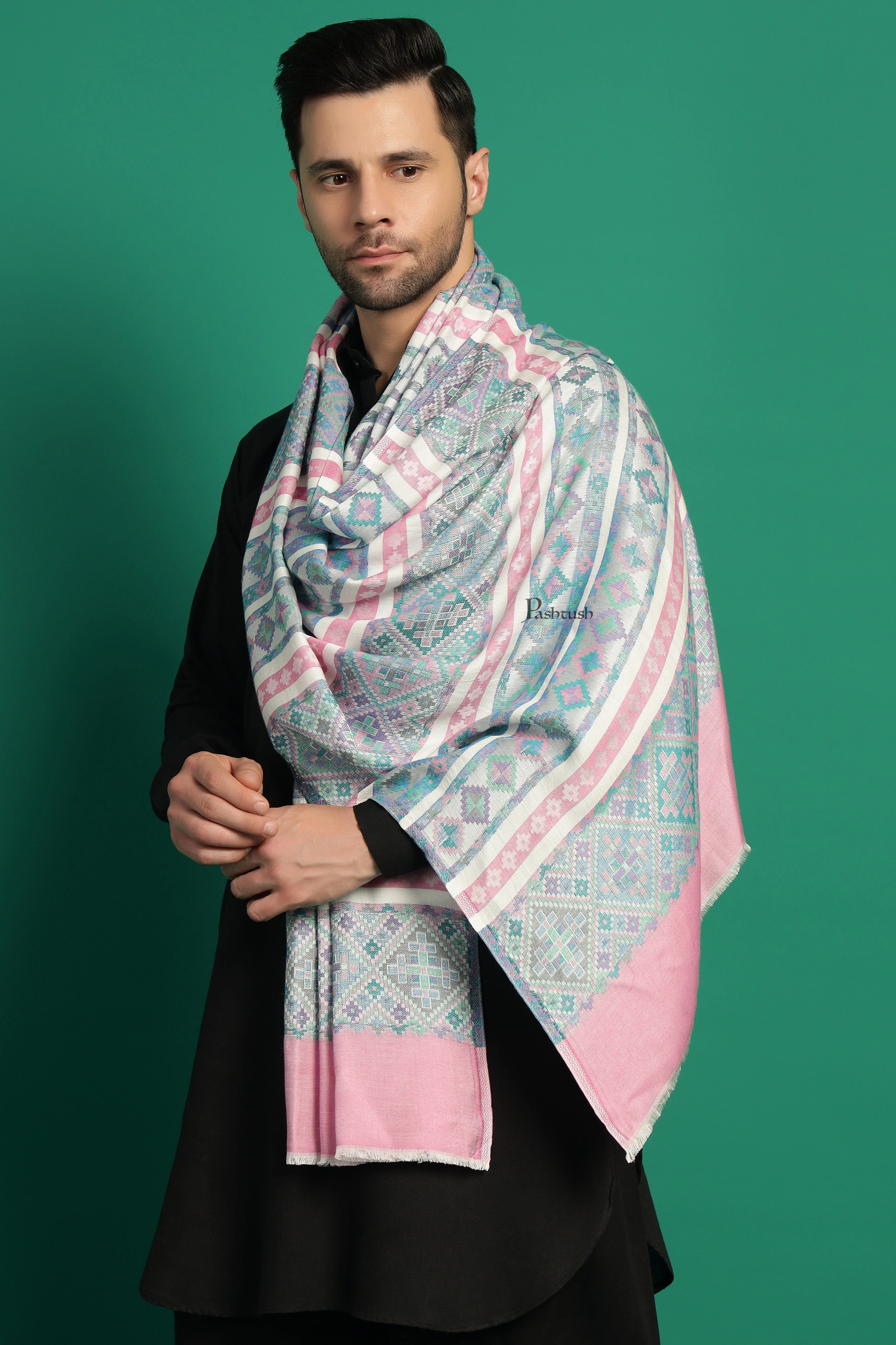 Pashtush Mens Bamboo Stole, Aztec Weave Design, Blue Pink - Image 5