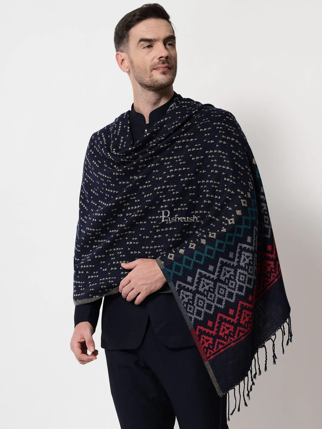 Pashtush mens Bamboo stole, Aztec Weave, Reversible design, Blue