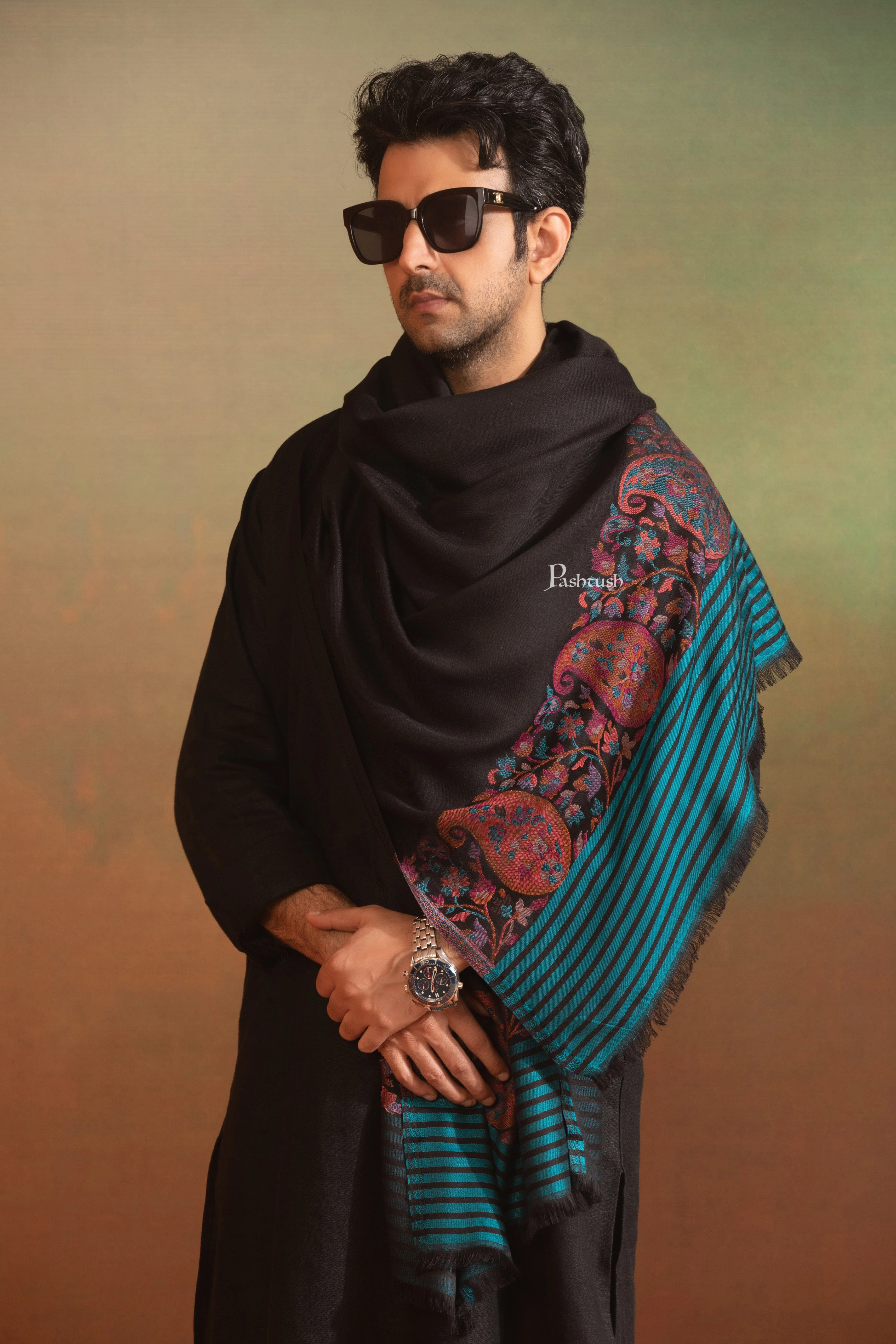 Pashtush Mens Bamboo Stole, Ethnic Palla, Woven Design, Rust - Image 3