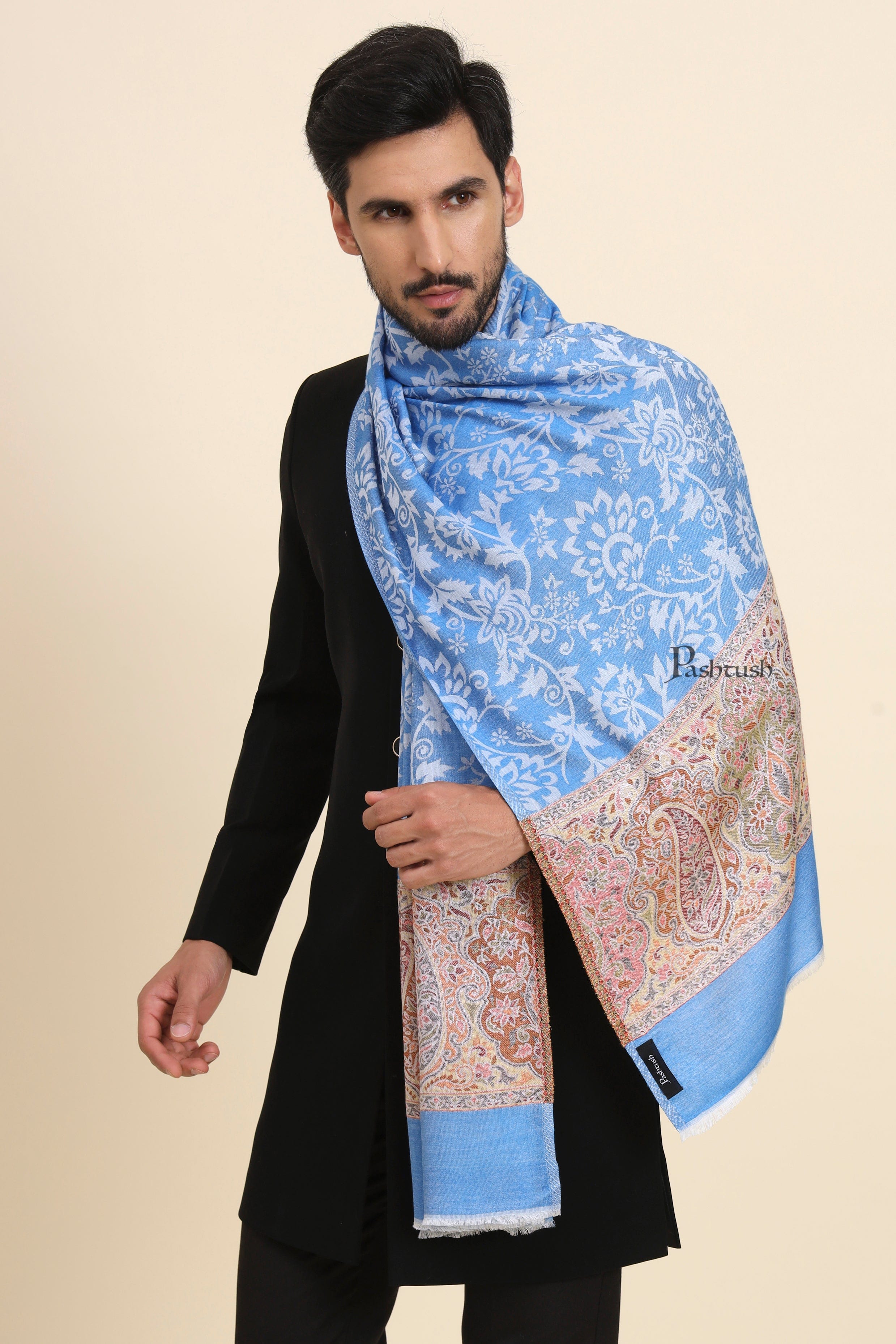Pashtush Mens Bamboo Stole,  Jacquard Reversible Design, Blue - Image 3