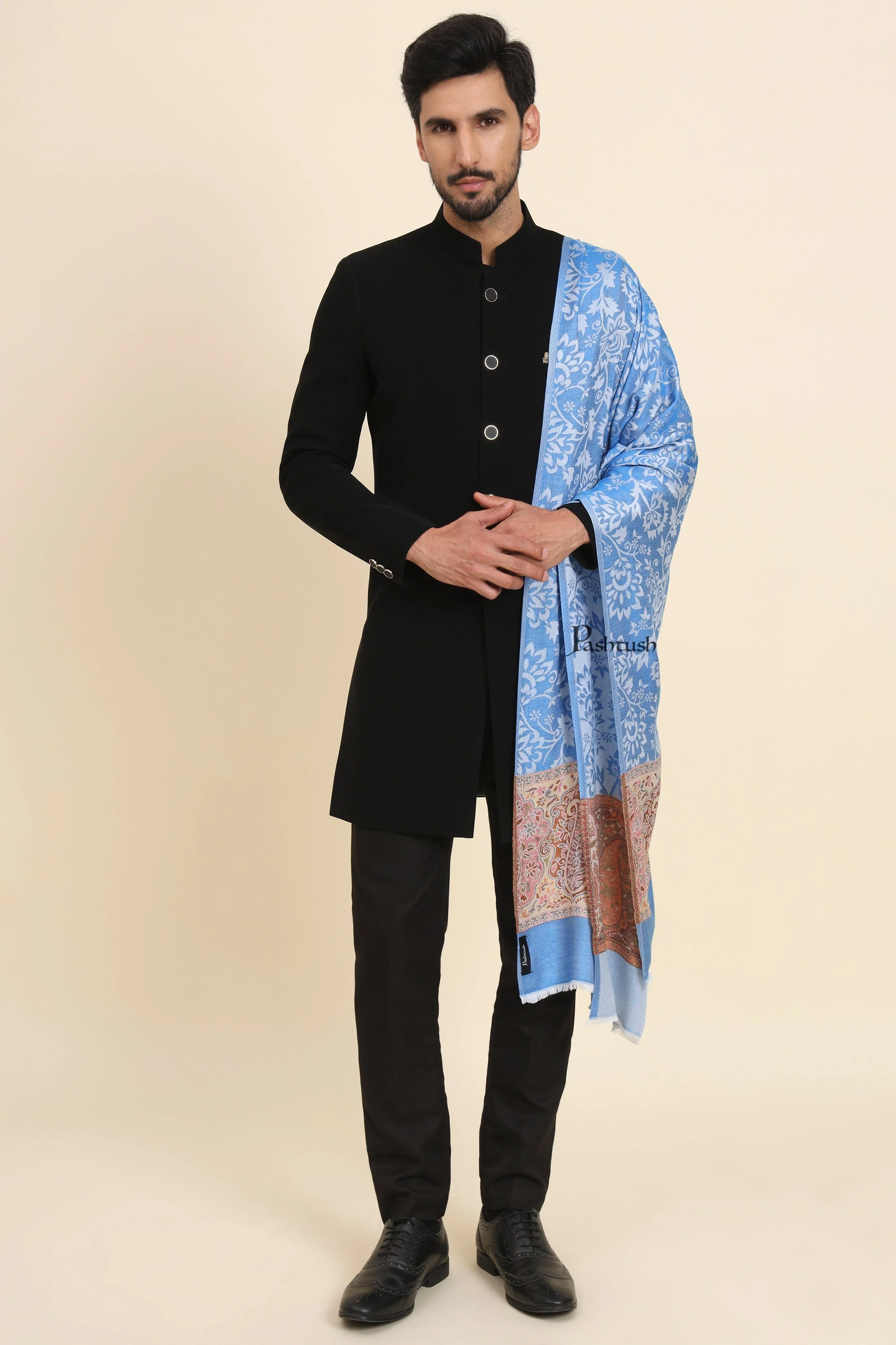 Pashtush Mens Bamboo Stole,  Jacquard Reversible Design, Blue - Image 4
