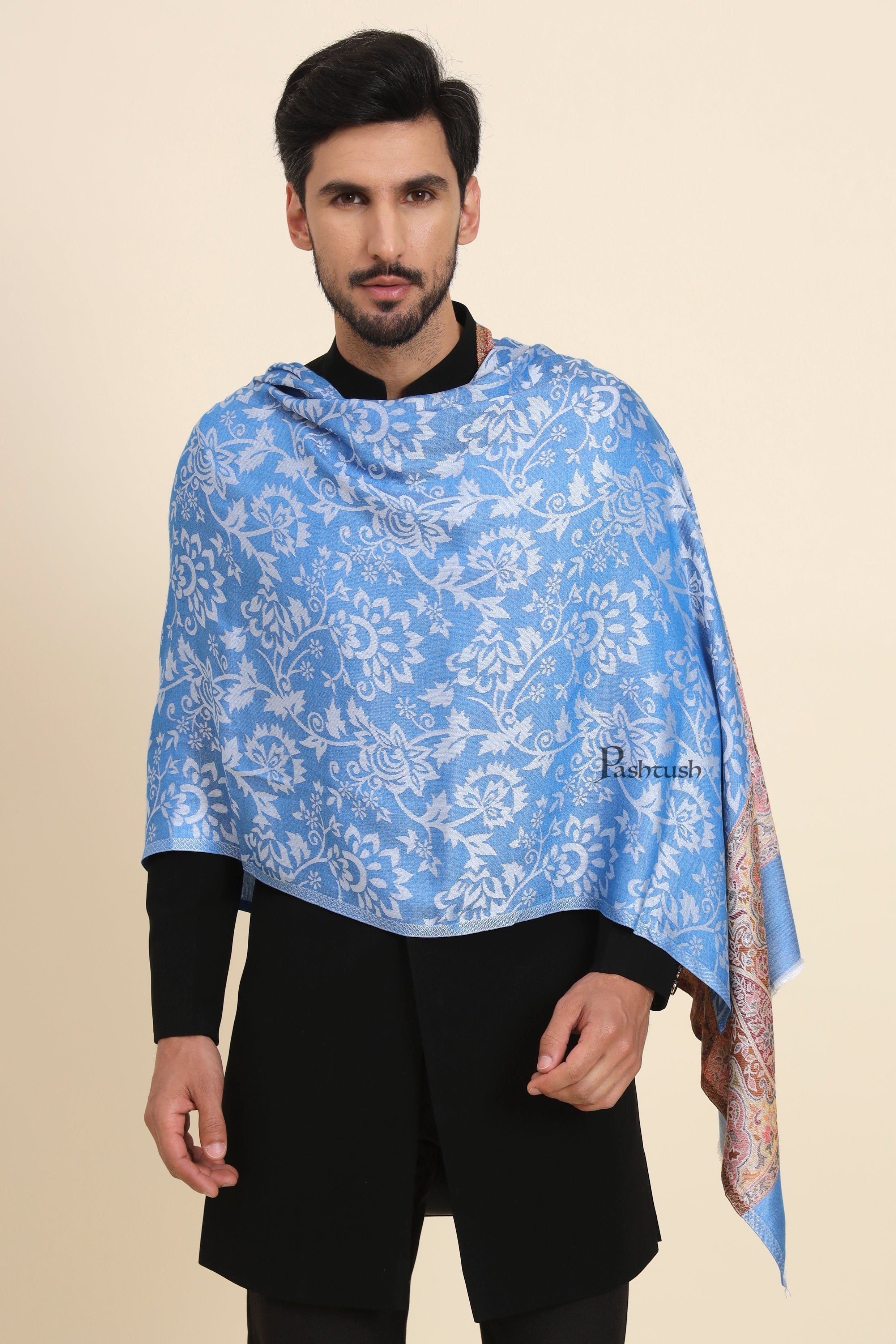Pashtush Mens Bamboo Stole,  Jacquard Reversible Design, Blue - Image 5