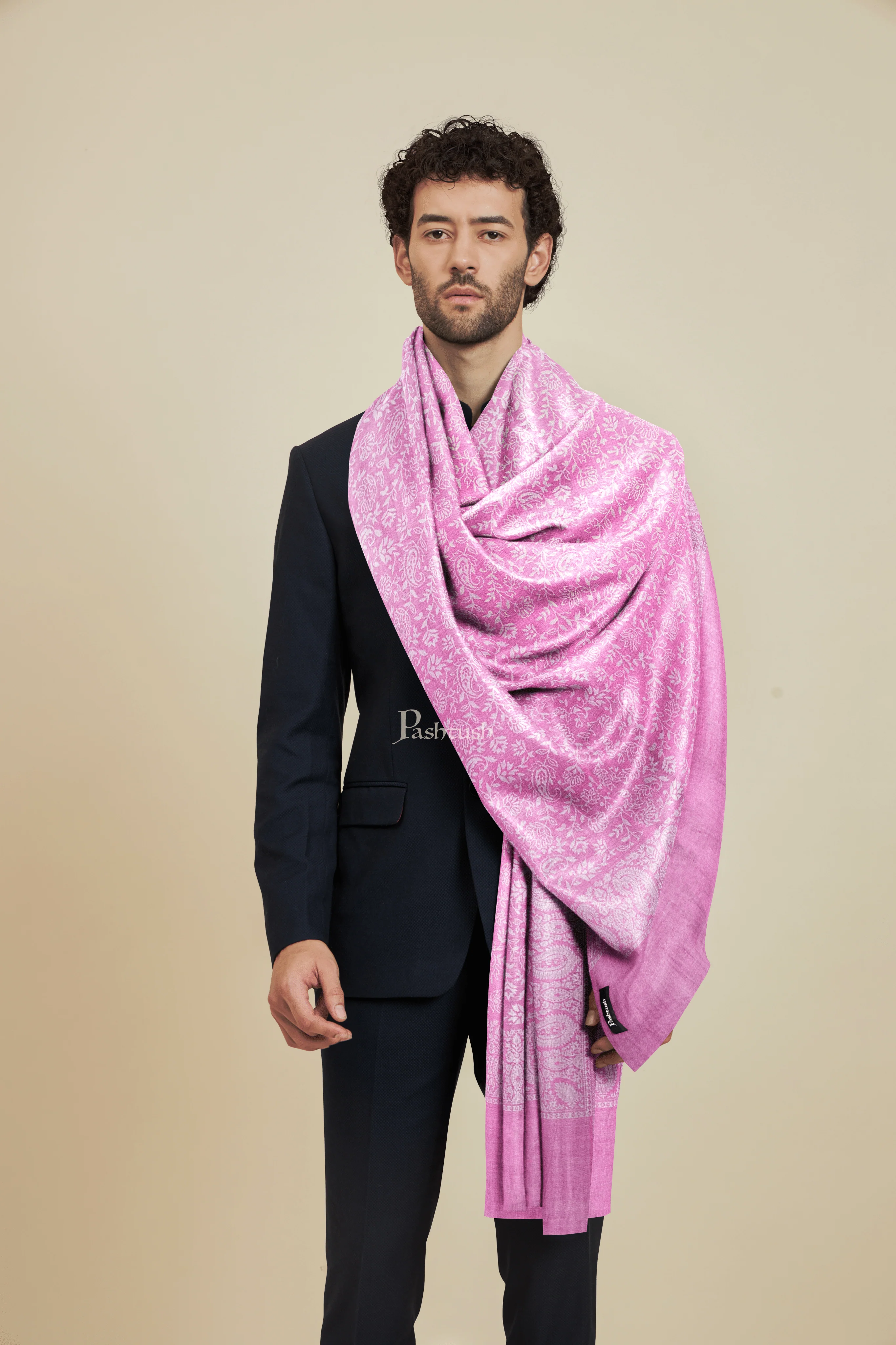 Pashtush Mens Bamboo Stole, Pasiley Weave Design, Dark Pink - Image 2