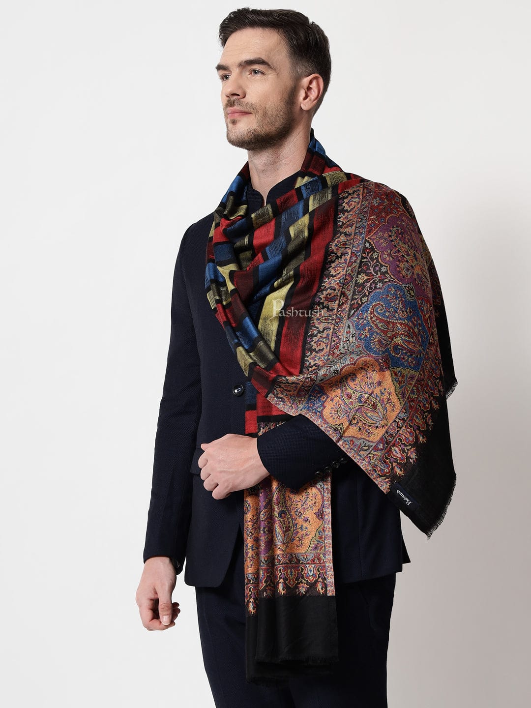 Pashtush mens Bamboo stole, Striped design, Multicolour - Image 4